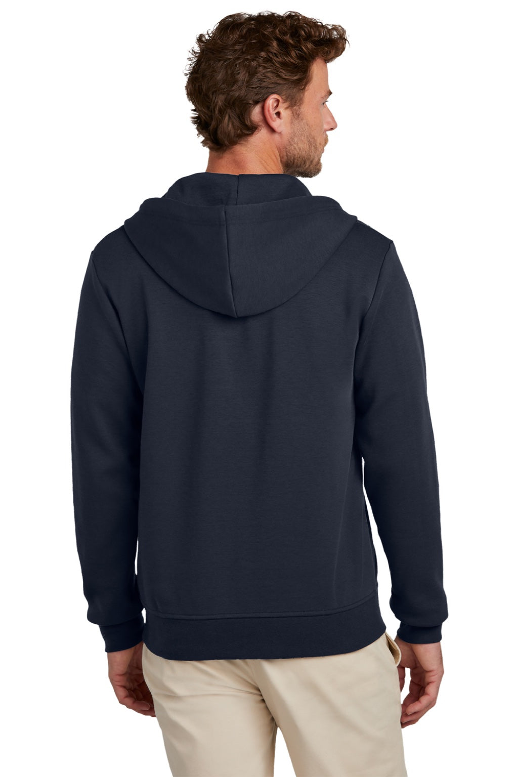 Brooks Brothers Mens Double Knit Full Zip Hooded Sweatshirt Hoodie w/ Pockets Night Navy Blue Model Back