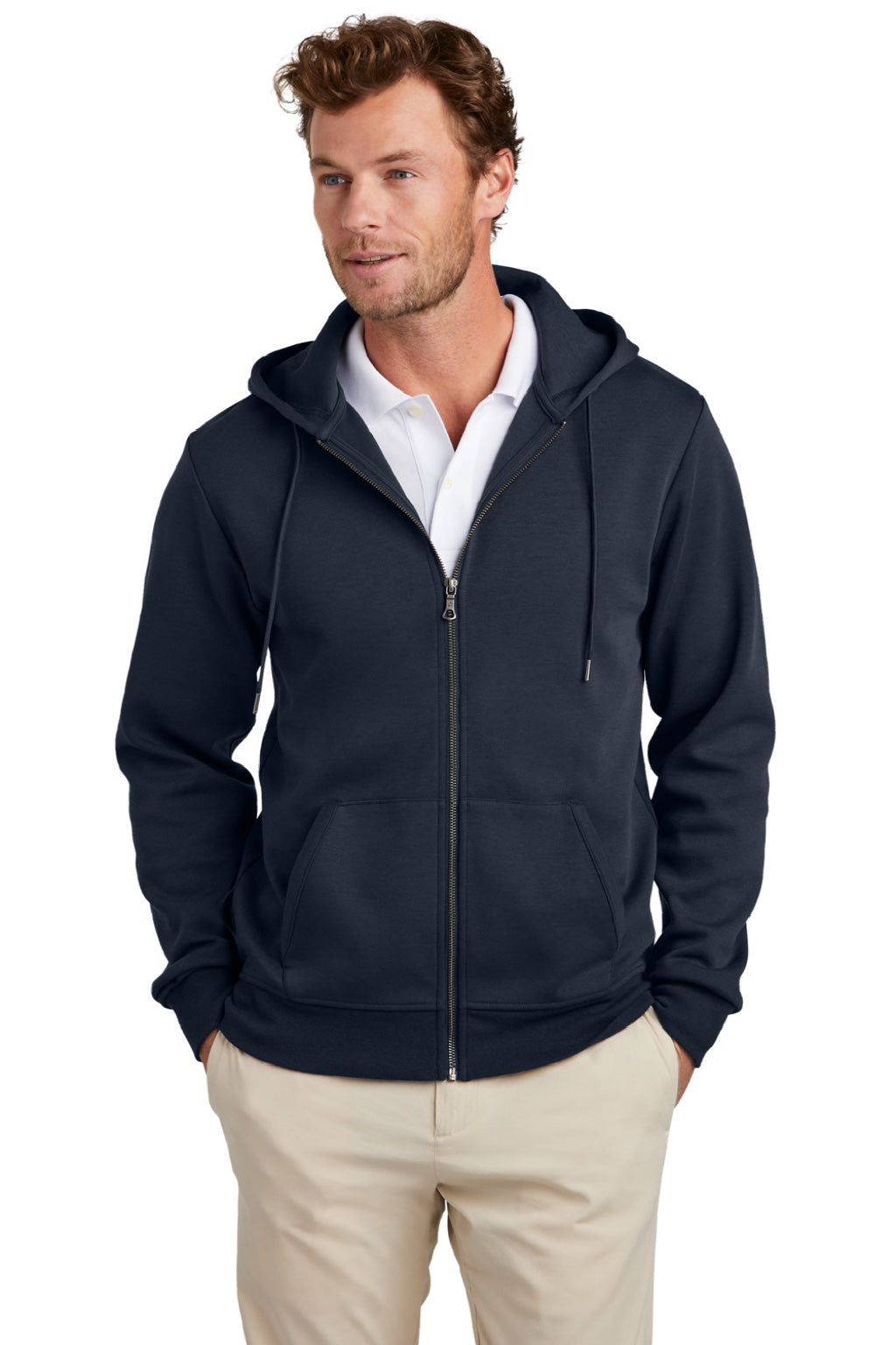 Brooks Brothers Mens Double Knit Full Zip Hooded Sweatshirt Hoodie w/ Pockets Night Navy Blue Model Front