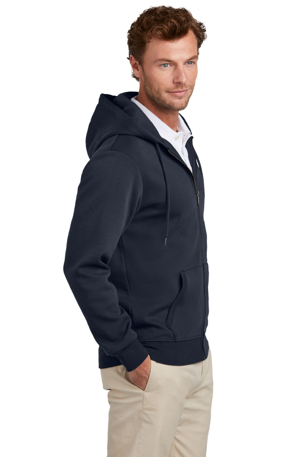 Brooks Brothers Mens Double Knit Full Zip Hooded Sweatshirt Hoodie w/ Pockets Night Navy Blue Model Side
