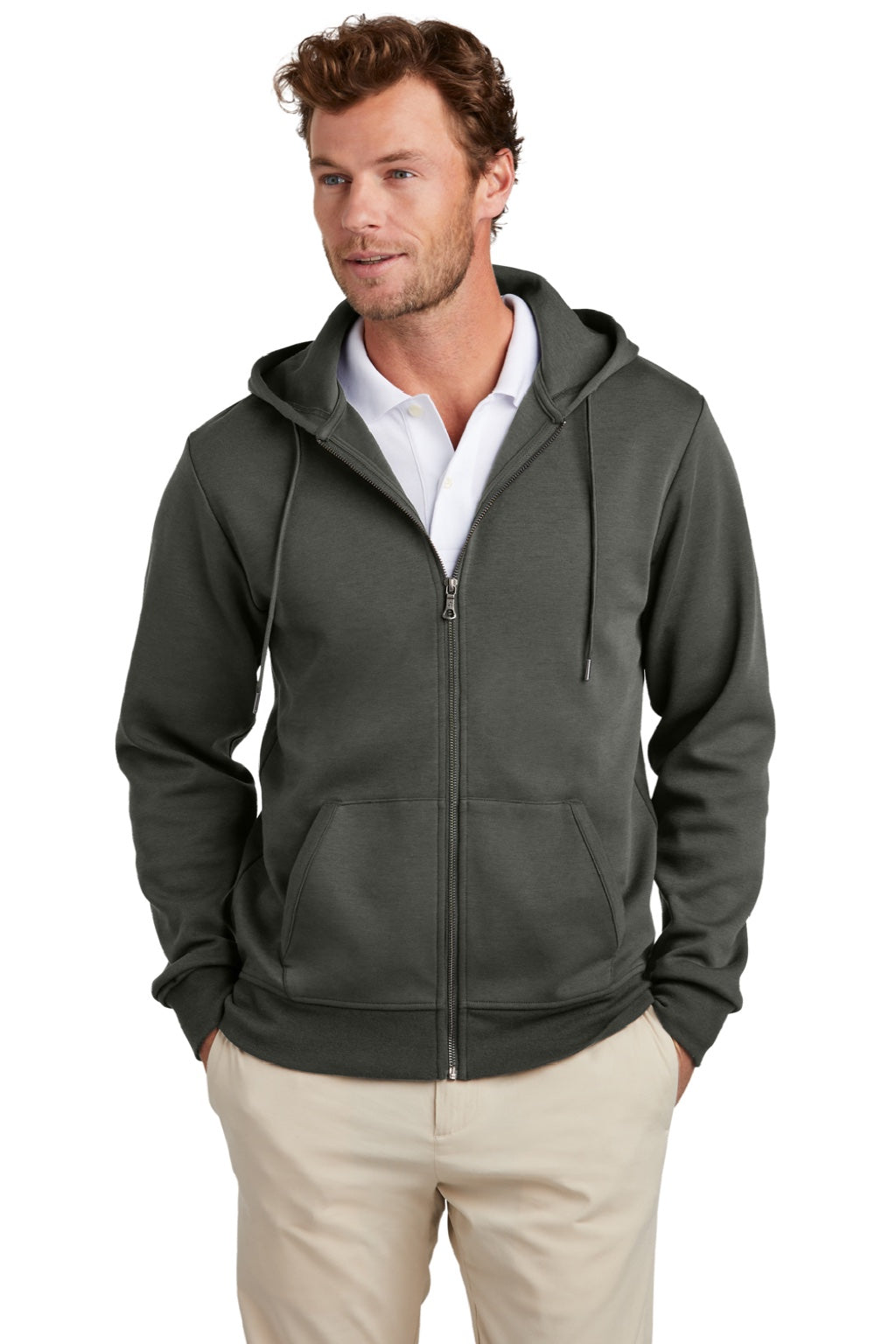 Brooks Brothers Mens Double Knit Full Zip Hooded Sweatshirt Hoodie w/ Pockets Windsor Grey Model Front