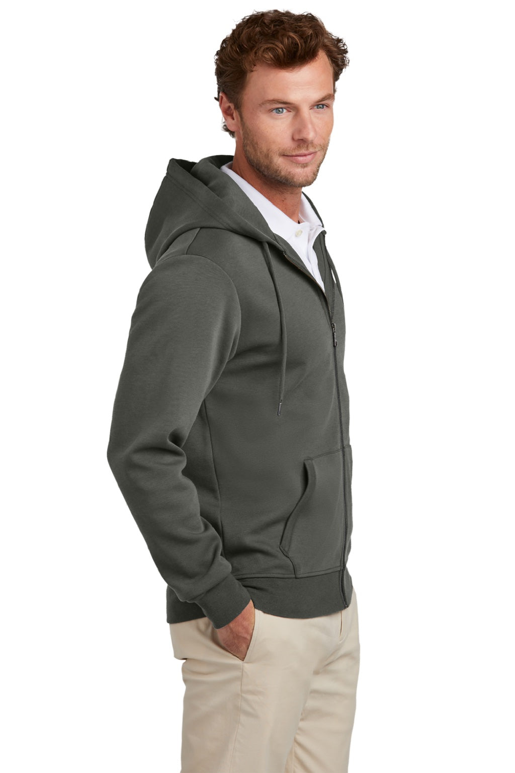 Brooks Brothers Mens Double Knit Full Zip Hooded Sweatshirt Hoodie w/ Pockets Windsor Grey Model Side