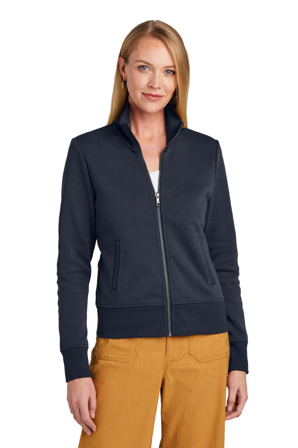 Brooks Brothers Womens Double Knit Full Zip Sweatshirt w/ Pockets Night Navy Blue Model Front