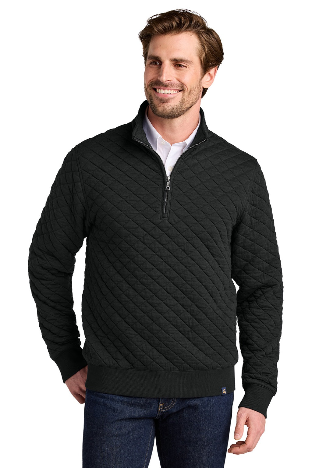 Brooks Brothers BB18212 Mens Diamond Quilt 1/4 Zip Sweatshirt Deep Black Model Front