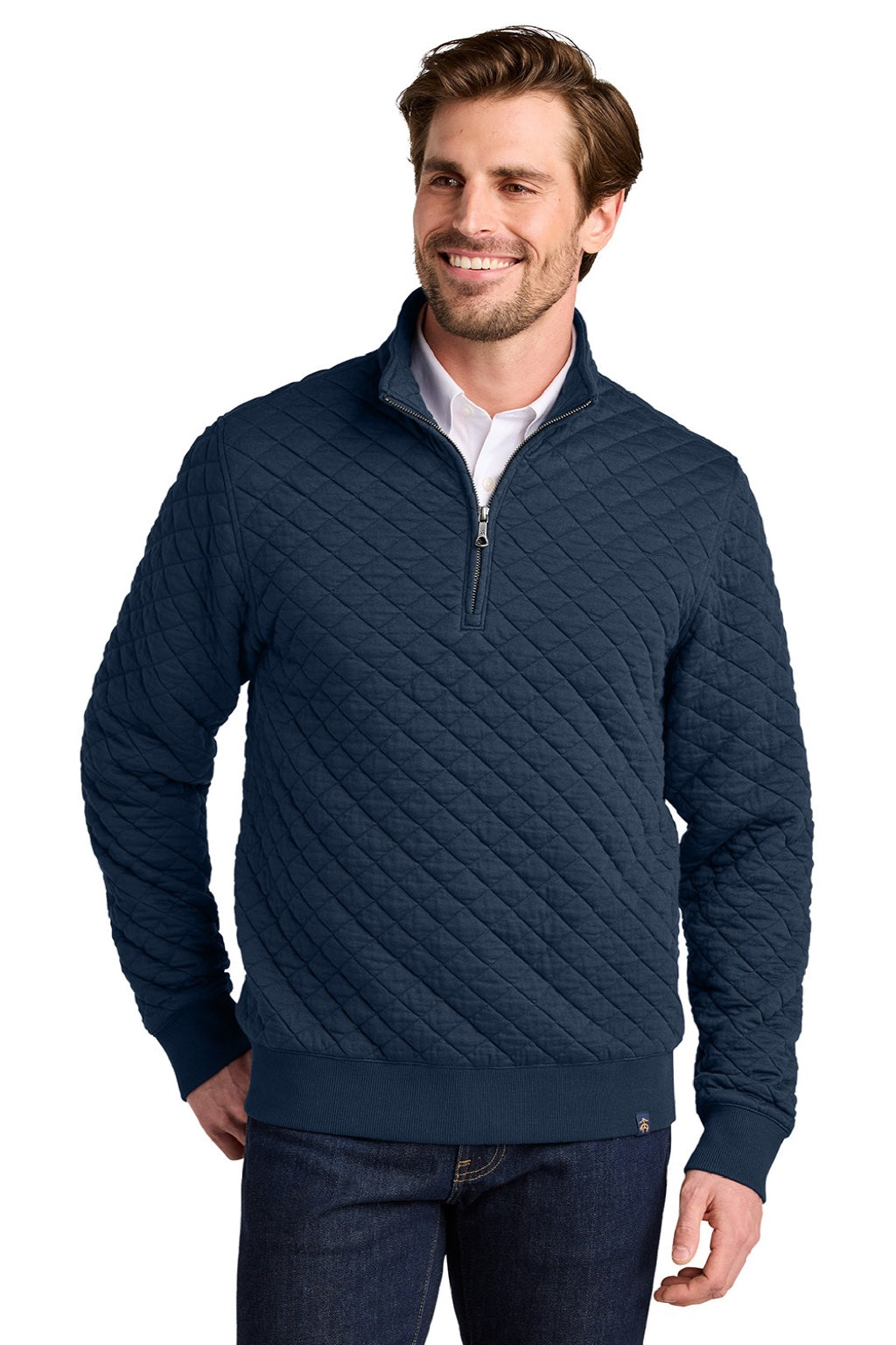 Brooks Brothers BB18212 Mens Diamond Quilt 1/4 Zip Sweatshirt Navy Blue Blazer Model Front