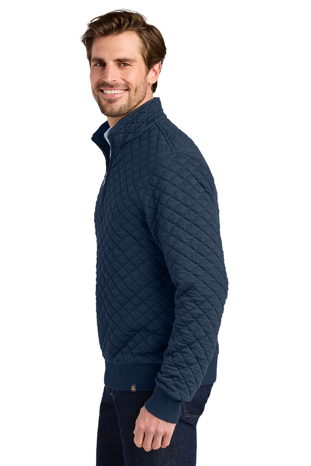 Brooks Brothers BB18212 Mens Diamond Quilt 1/4 Zip Sweatshirt Navy Blue Blazer Model Side