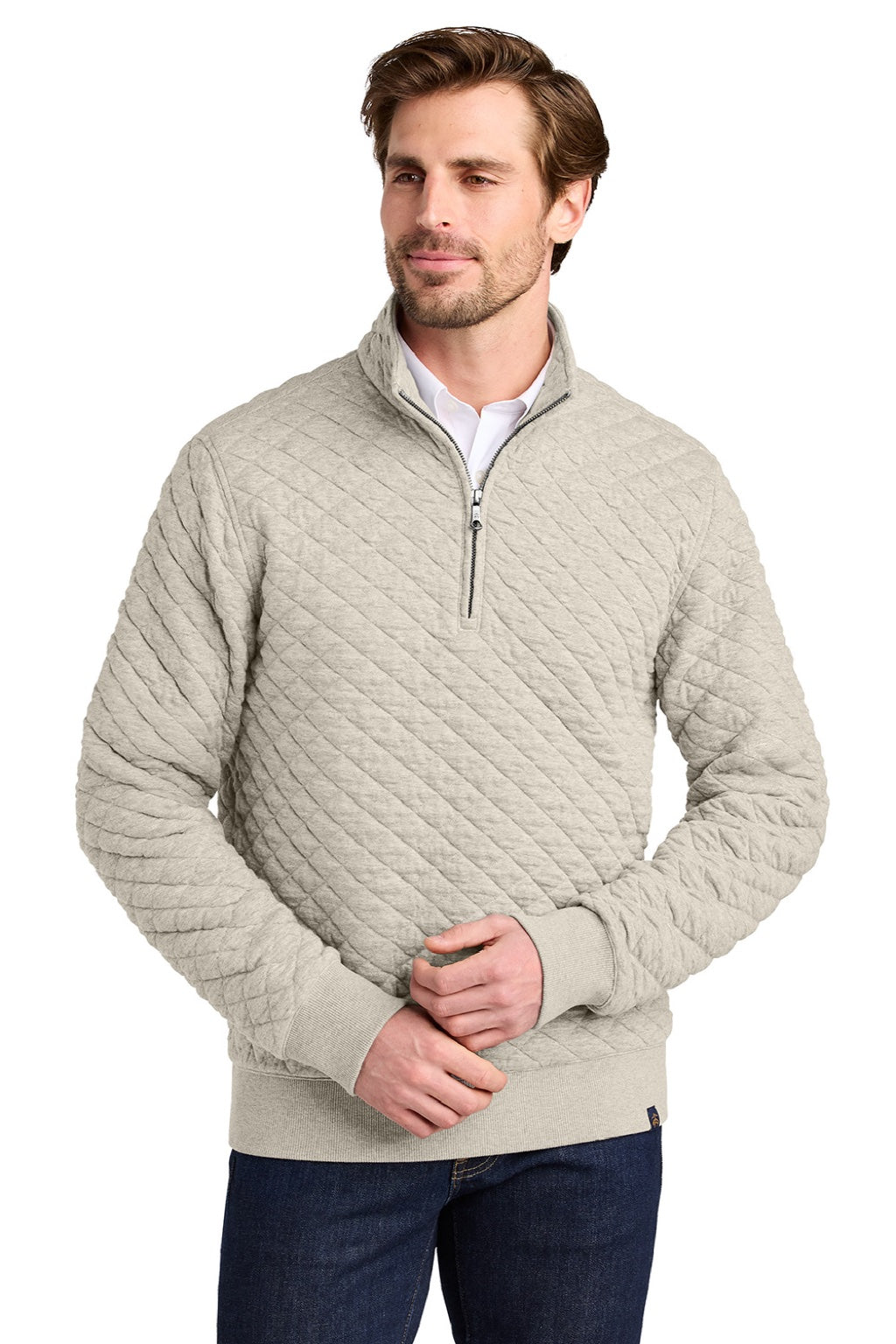 Brooks Brothers BB18212 Mens Diamond Quilt 1/4 Zip Sweatshirt Heather Oatmeal Model Front