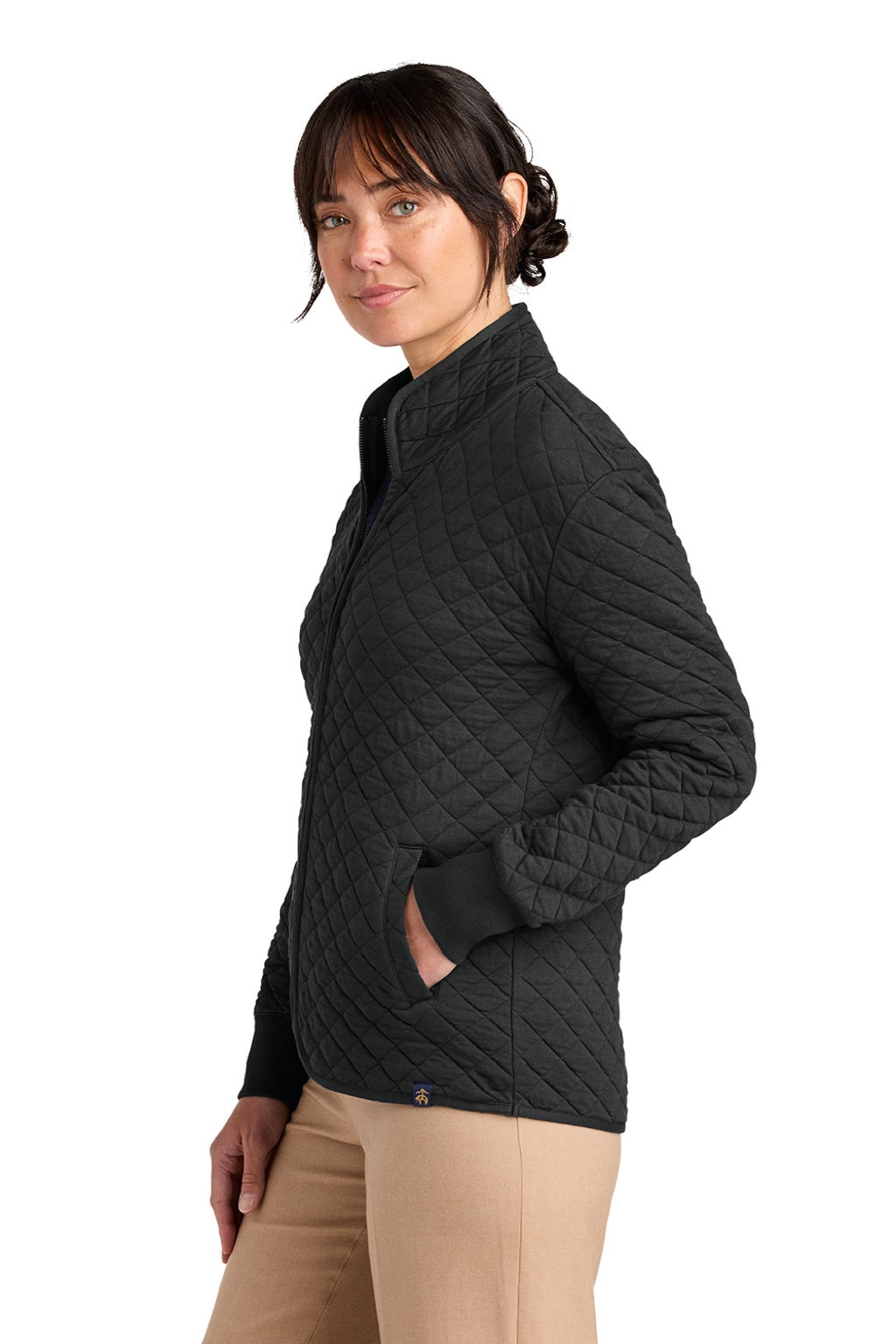 Brooks Brothers BB18213 Womens Diamond Quilt Full Zip Sweatshirt w/ Pocket Deep Black Model Side