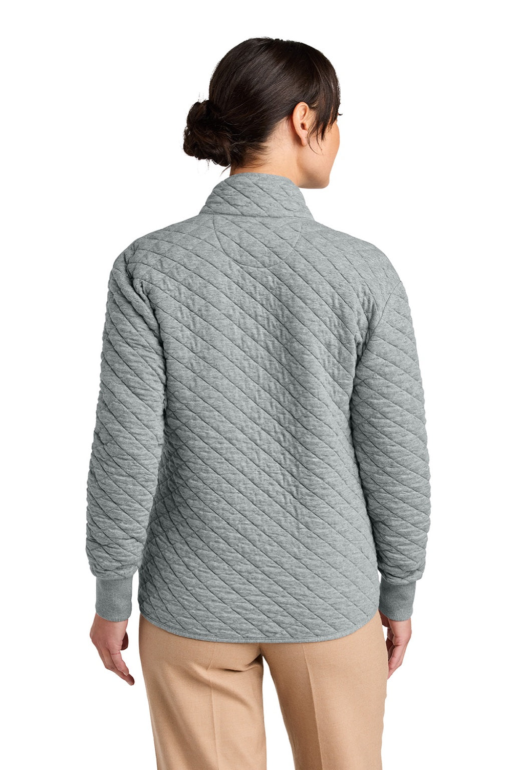 Brooks Brothers BB18213 Womens Diamond Quilt Full Zip Sweatshirt w/ Pocket Heather Light Shadow Grey Model Back