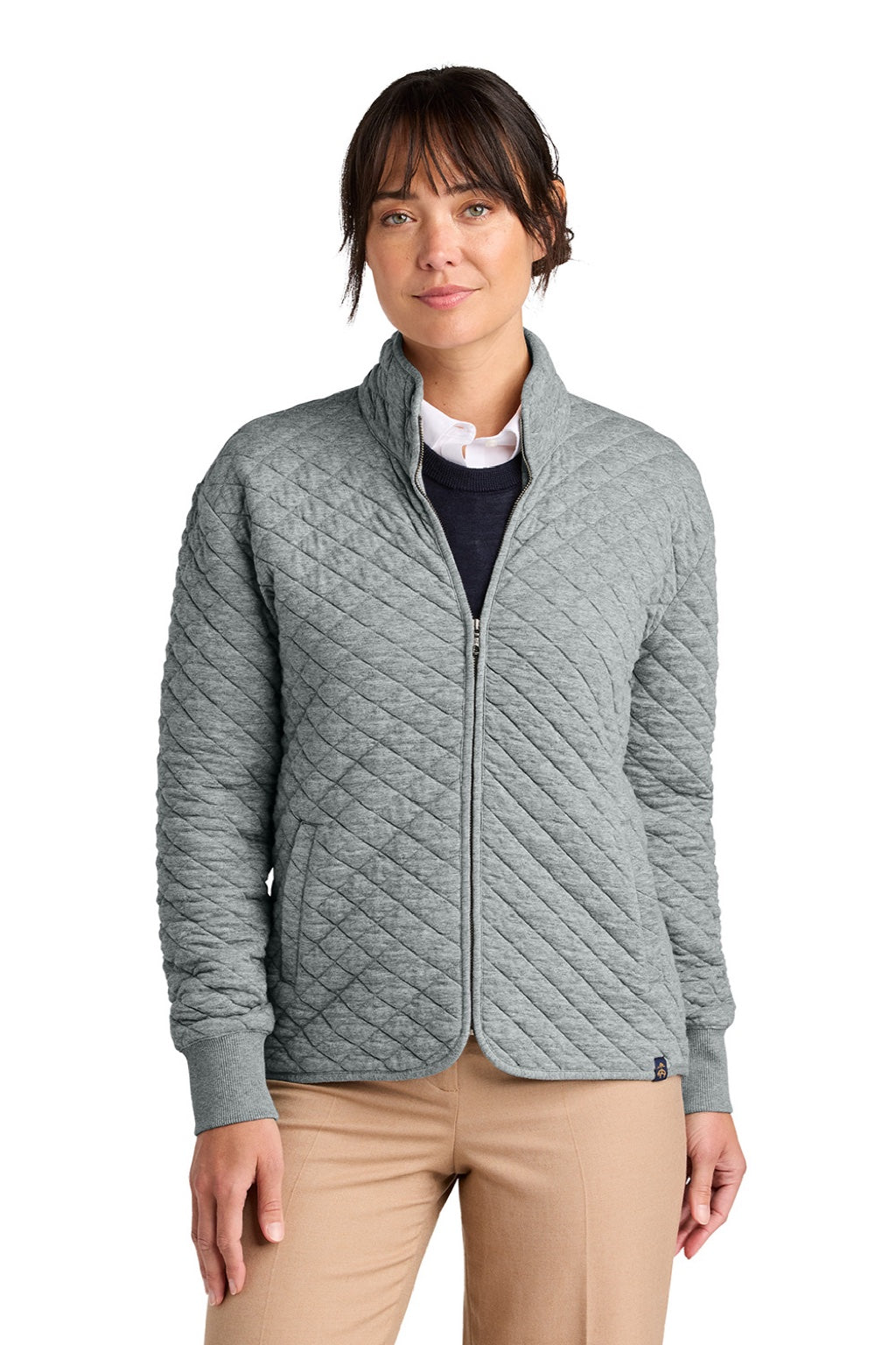 Brooks Brothers BB18213 Womens Diamond Quilt Full Zip Sweatshirt w/ Pocket Heather Light Shadow Grey Model Front