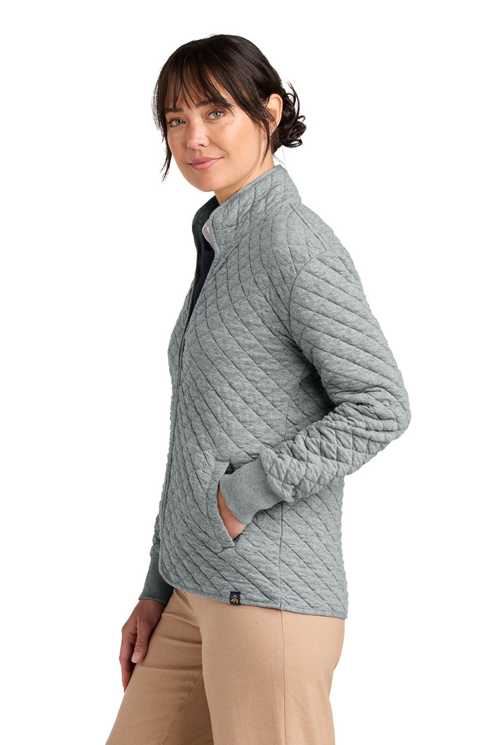 Brooks Brothers BB18213 Womens Diamond Quilt Full Zip Sweatshirt w/ Pocket Heather Light Shadow Grey Model Side