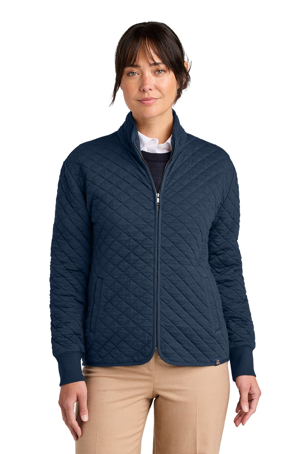 Brooks Brothers BB18213 Womens Diamond Quilt Full Zip Sweatshirt w/ Pocket Navy Blue Blazer Model Front