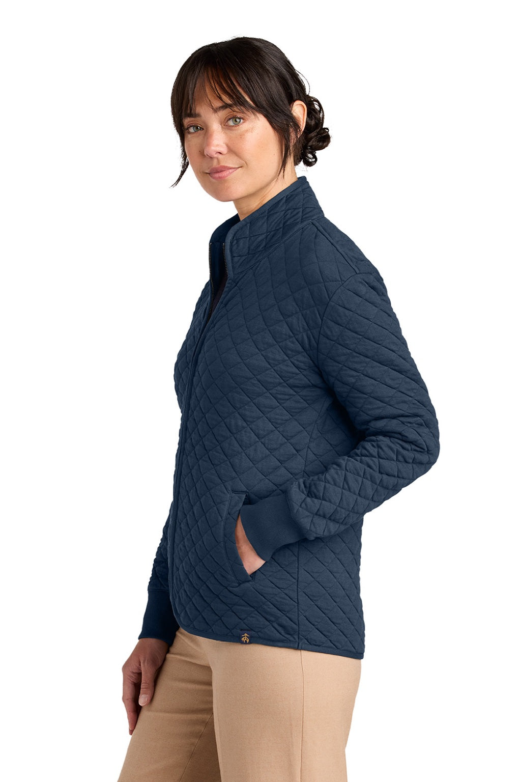 Brooks Brothers BB18213 Womens Diamond Quilt Full Zip Sweatshirt w/ Pocket Navy Blue Blazer Model Side