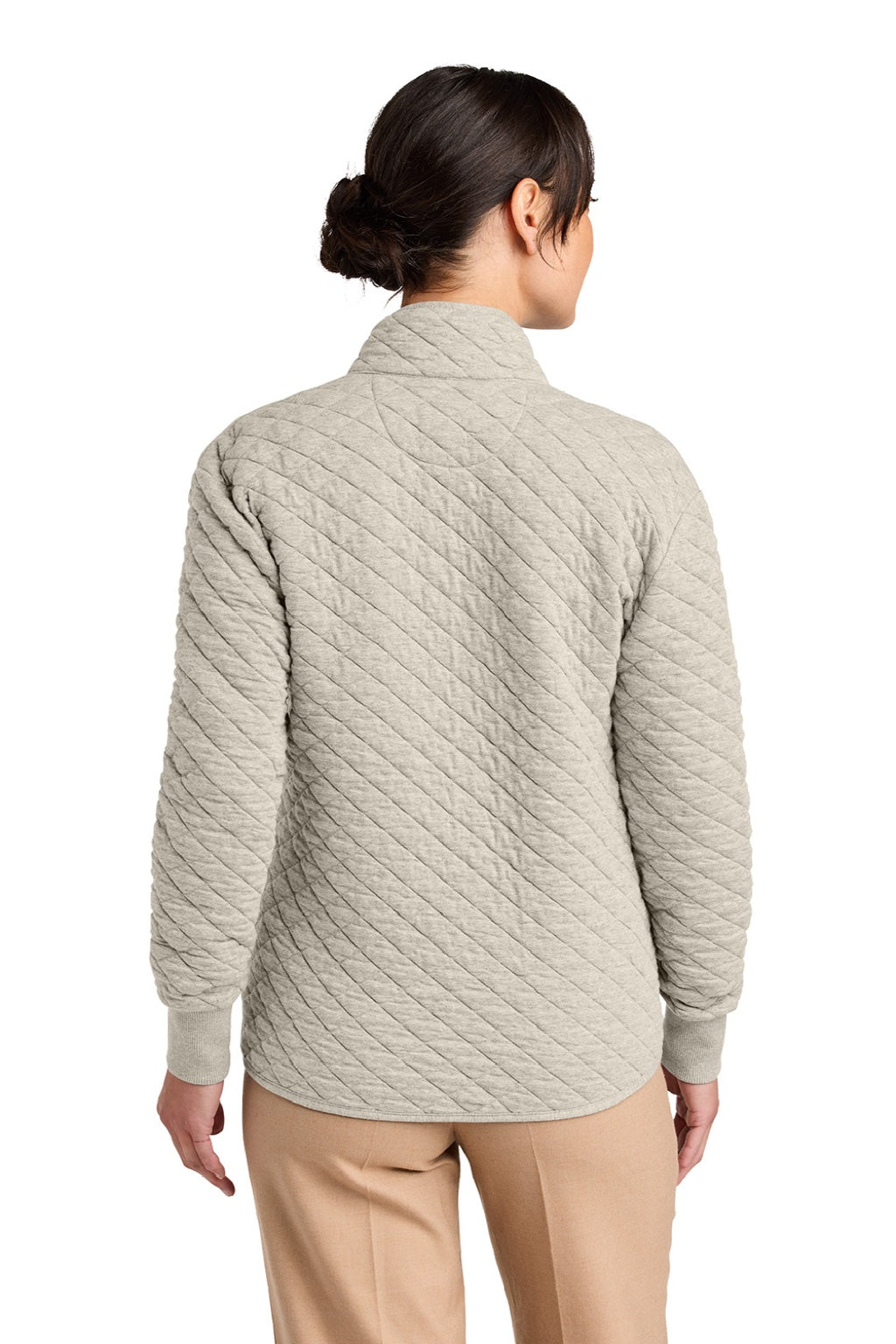 Brooks Brothers BB18213 Womens Diamond Quilt Full Zip Sweatshirt w/ Pocket Heather Oatmeal Model Back