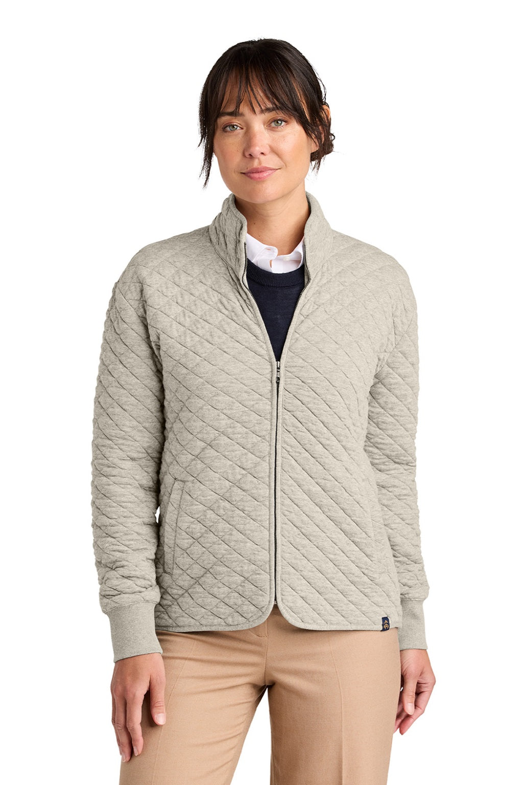 Brooks Brothers BB18213 Womens Diamond Quilt Full Zip Sweatshirt w/ Pocket Heather Oatmeal Model Front