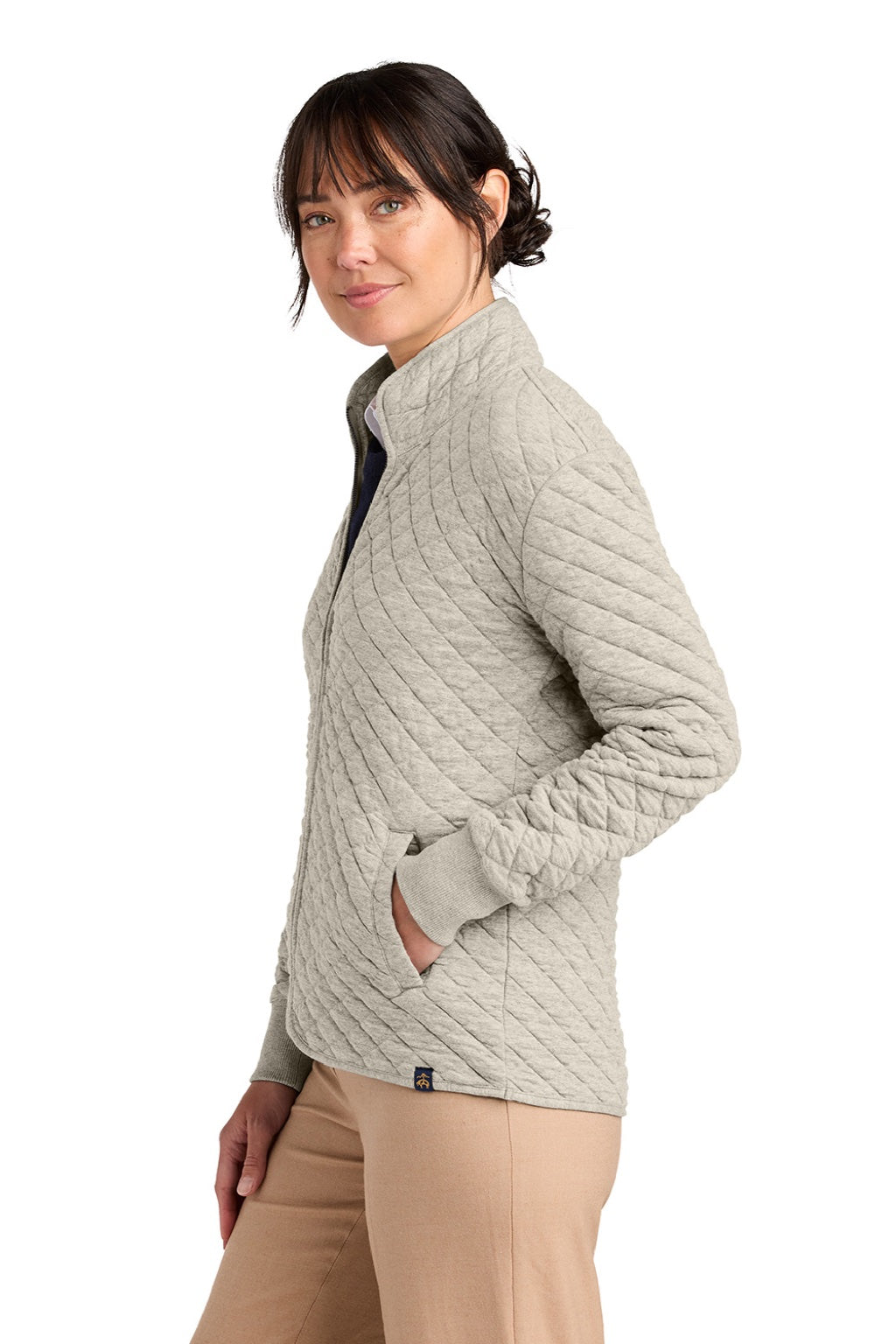 Brooks Brothers BB18213 Womens Diamond Quilt Full Zip Sweatshirt w/ Pocket Heather Oatmeal Model Side