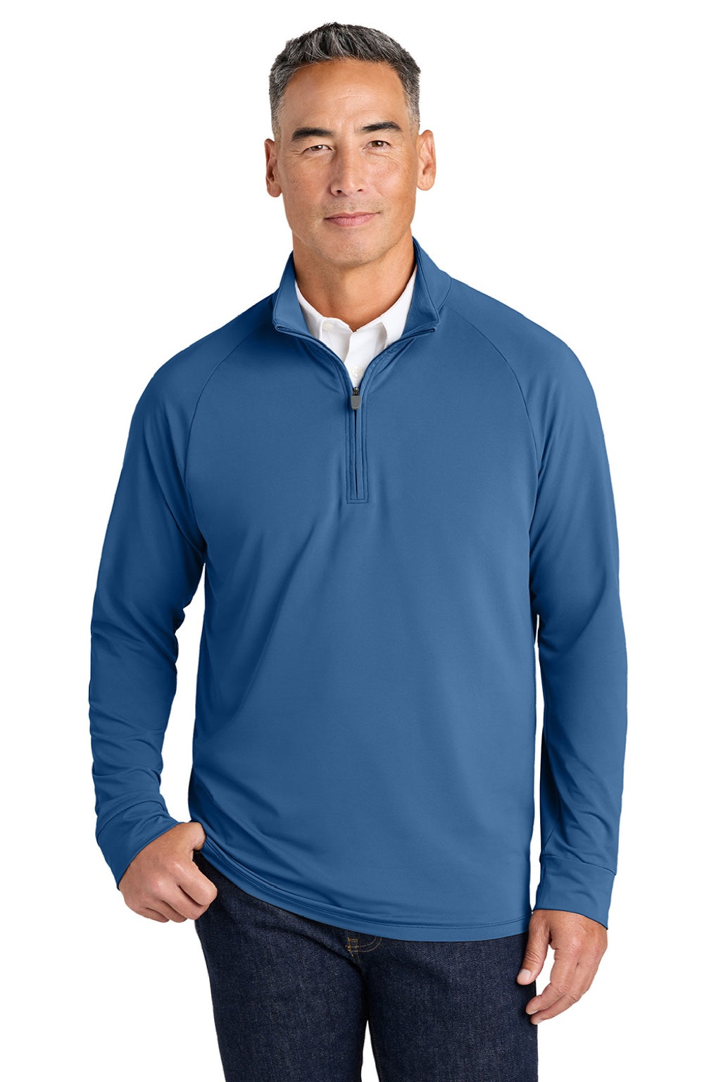 Brooks Brothers BB18214 Mens Luxe Performance 1/4 Zip Sweatshirt Charter Blue Model Front