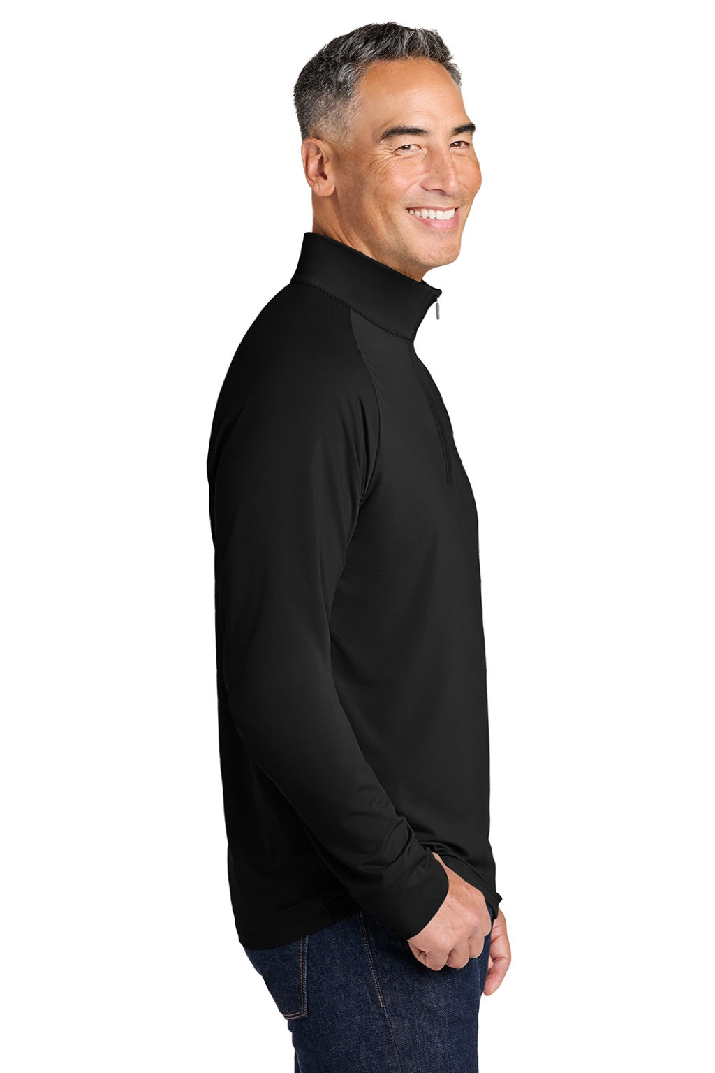 Brooks Brothers BB18214 Mens Luxe Performance 1/4 Zip Sweatshirt Deep Black Model Side