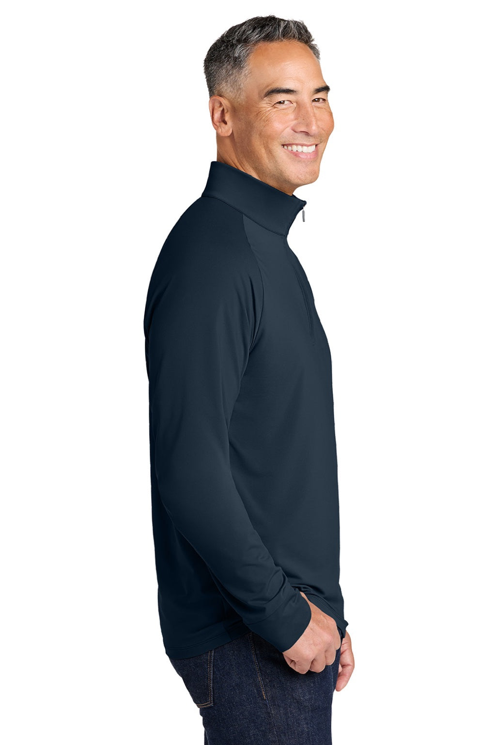 Brooks Brothers BB18214 Mens Luxe Performance 1/4 Zip Sweatshirt Navy Blazer Blue Model Side