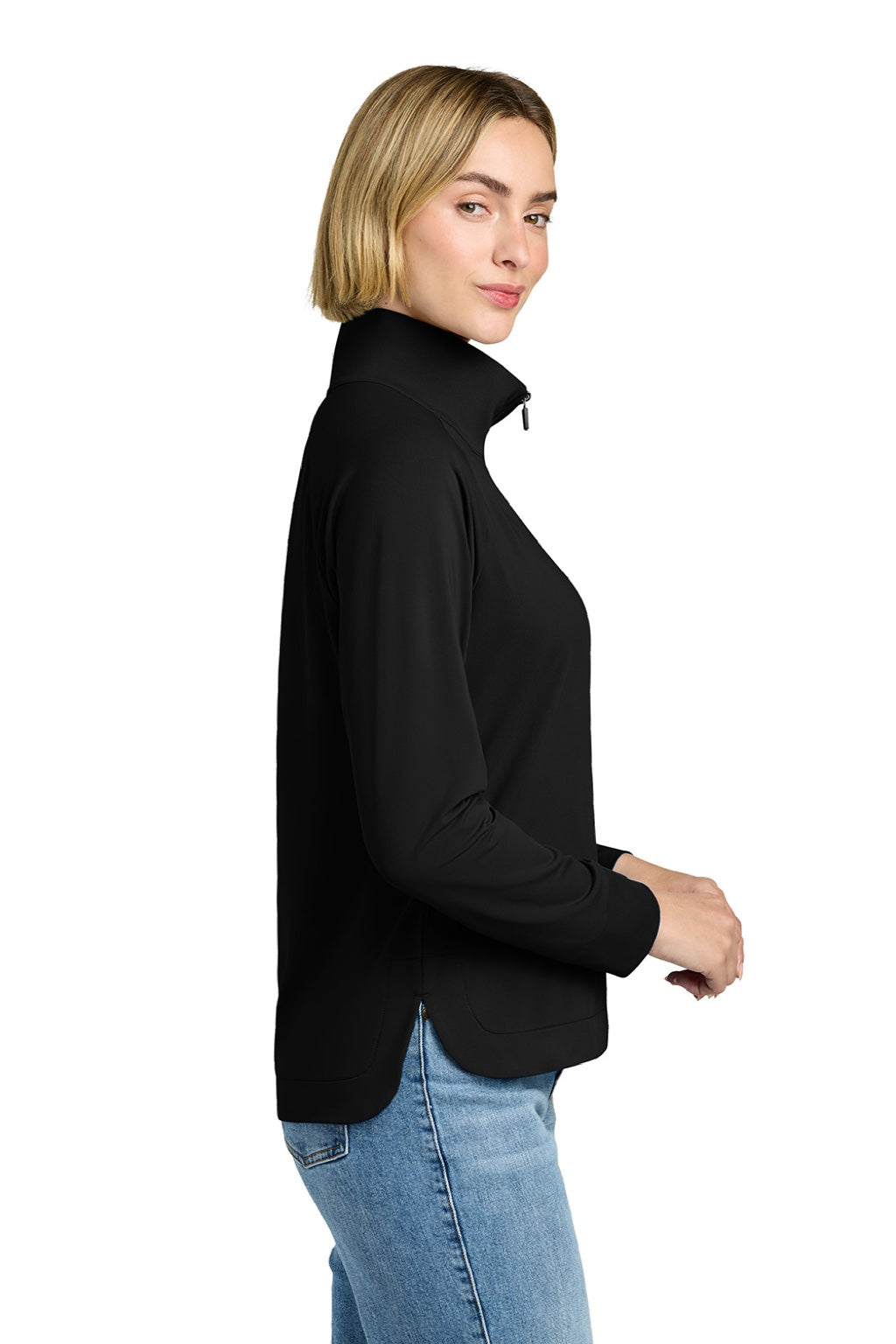 Brooks Brothers BB18215 Womens Luxe Performance 1/4 Zip Sweatshirt Deep Black Model Side