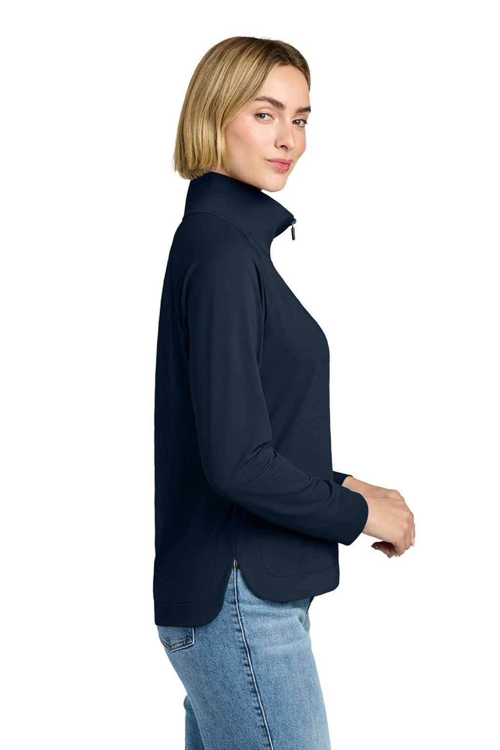 Brooks Brothers BB18215 Womens Luxe Performance 1/4 Zip Sweatshirt Navy Blazer Blue Model Side