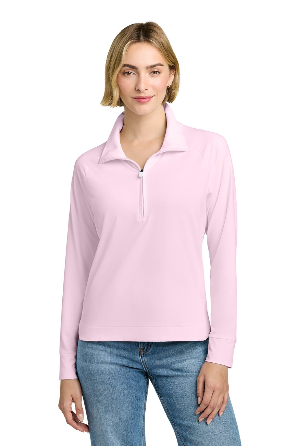 Brooks Brothers BB18215 Womens Luxe Performance 1/4 Zip Sweatshirt Pearl Pink Model Front