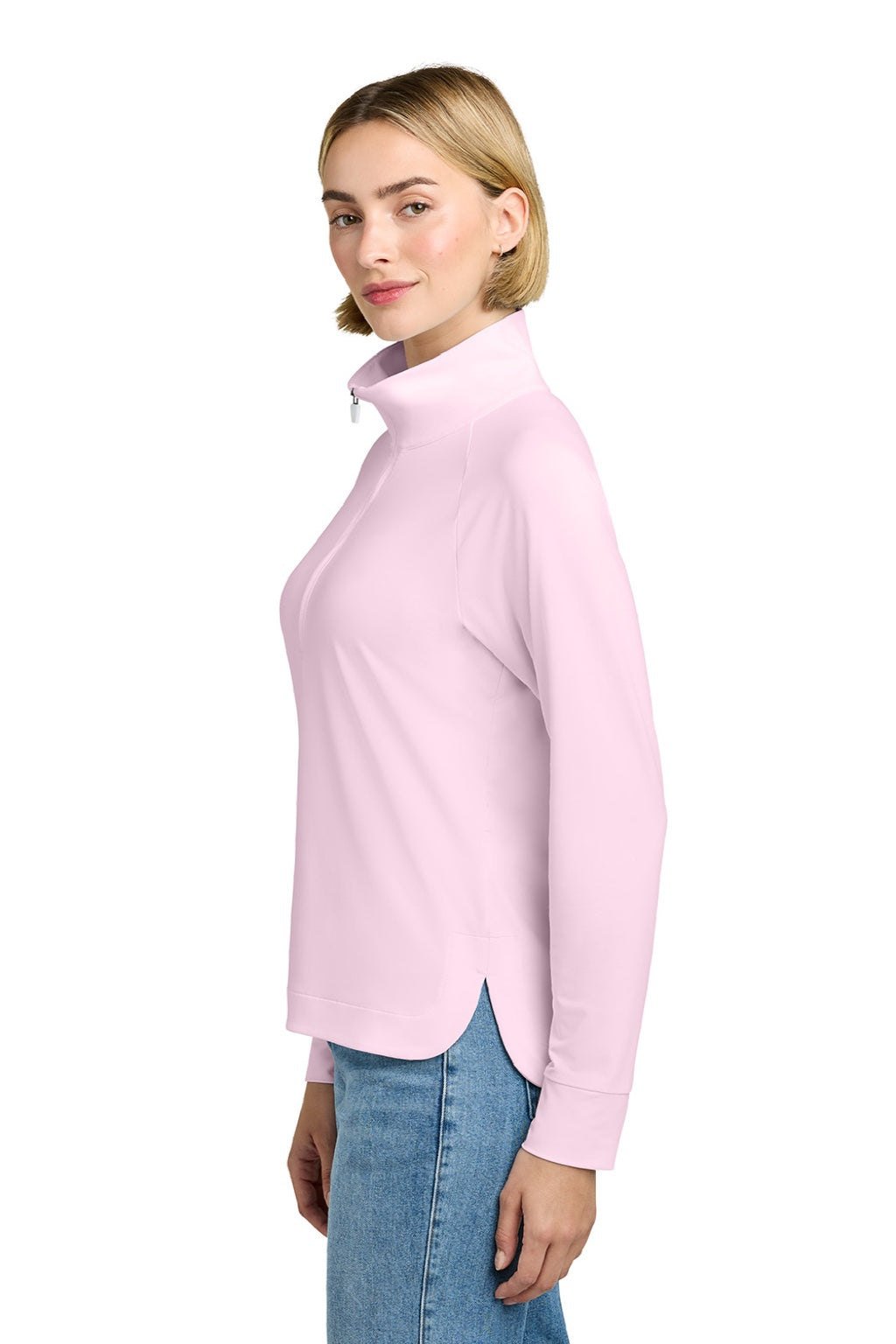 Brooks Brothers BB18215 Womens Luxe Performance 1/4 Zip Sweatshirt Pearl Pink Model Side