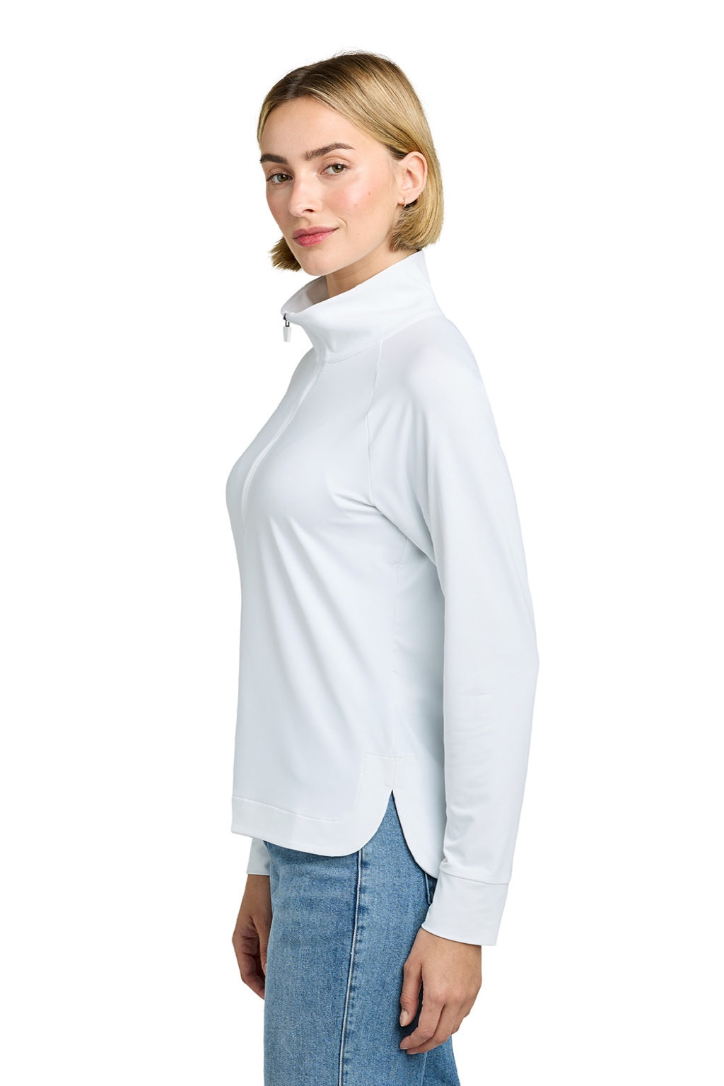 Brooks Brothers BB18215 Womens Luxe Performance 1/4 Zip Sweatshirt White Model Side