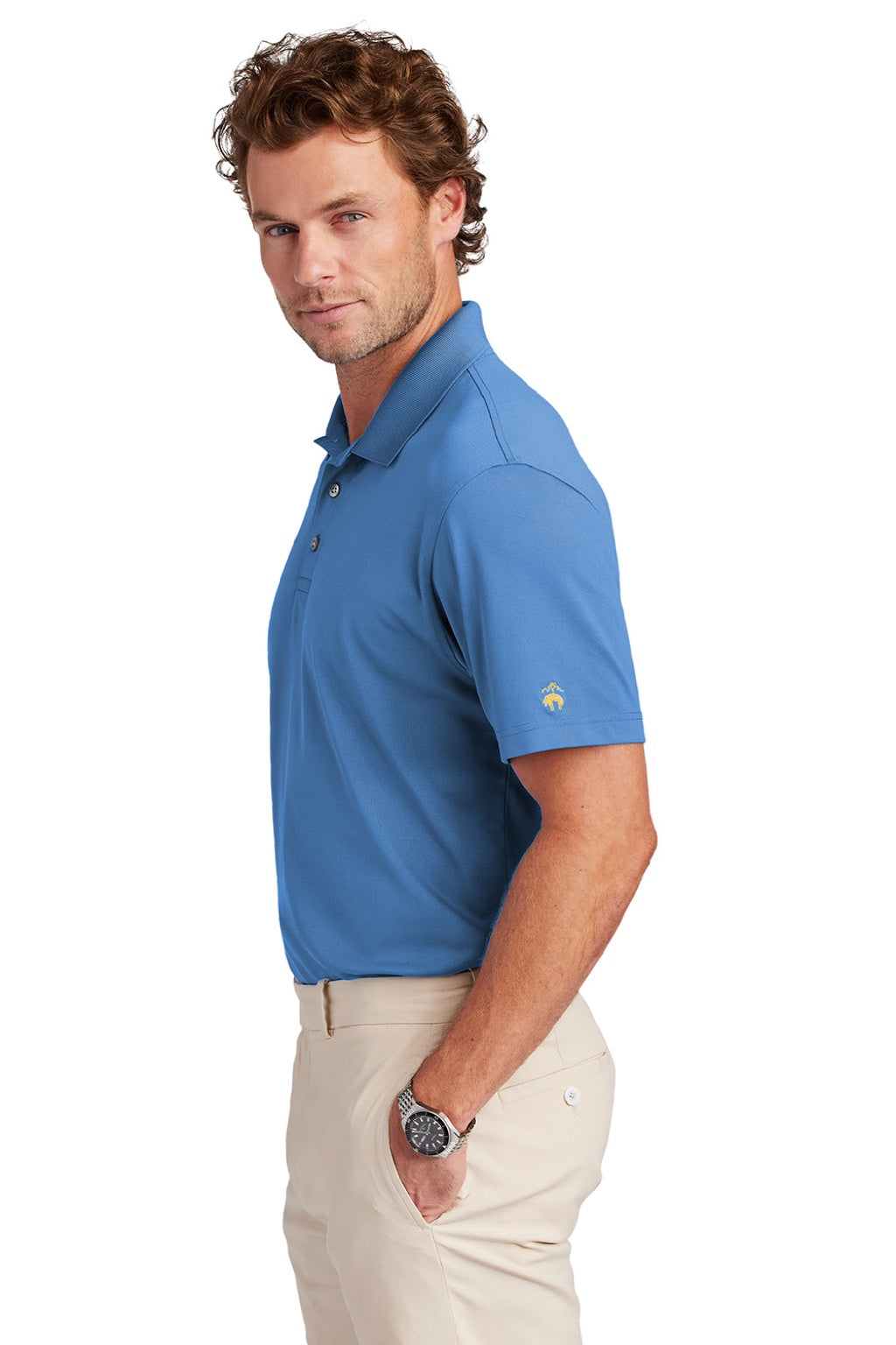 Brooks Brothers BB18220 Mens Moisture Wicking Performance Mesh Pique Short Sleeve Polo Shirt Charter Blue Model Side