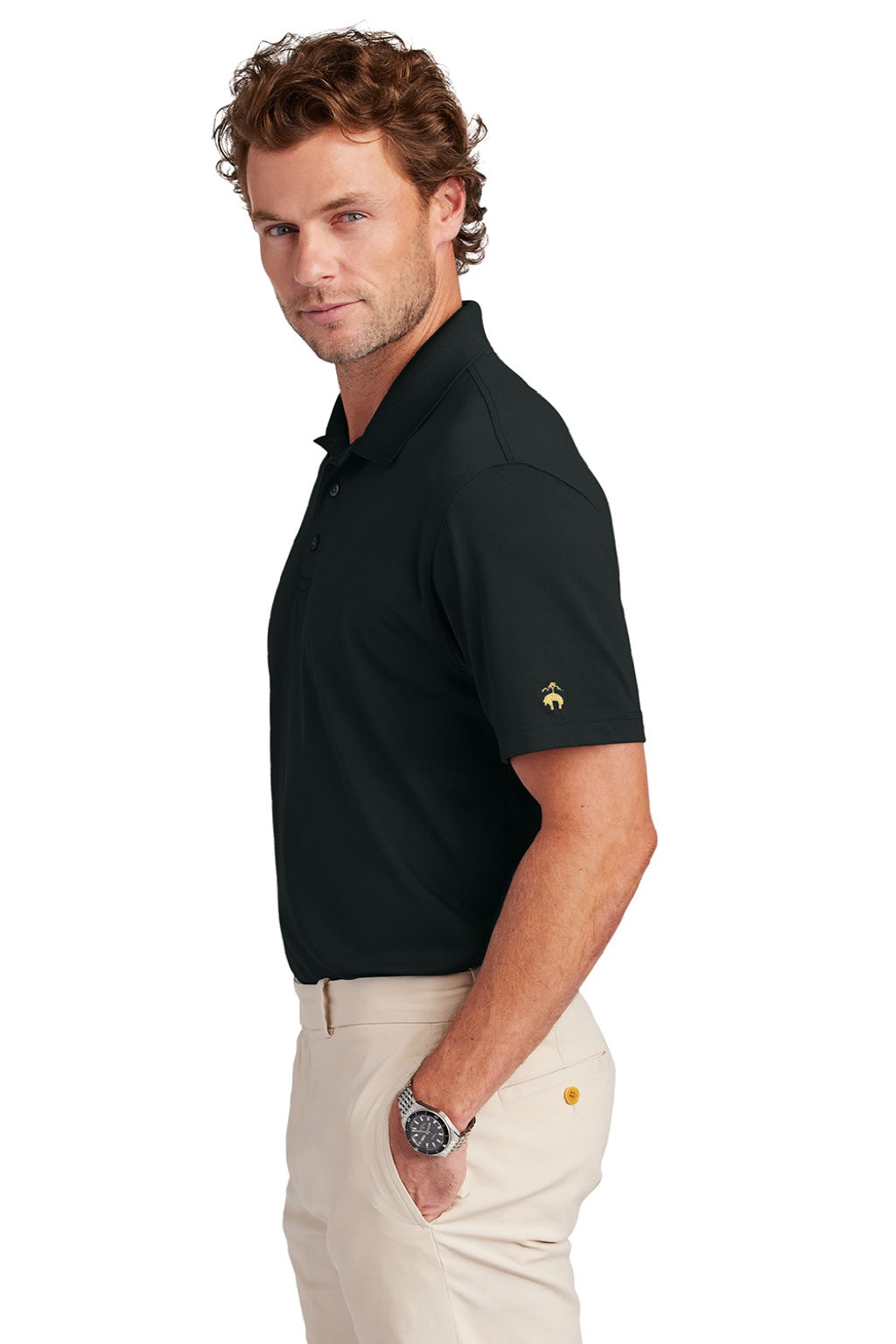 Brooks Brothers BB18220 Mens Moisture Wicking Performance Mesh Pique Short Sleeve Polo Shirt Deep Black Model Side