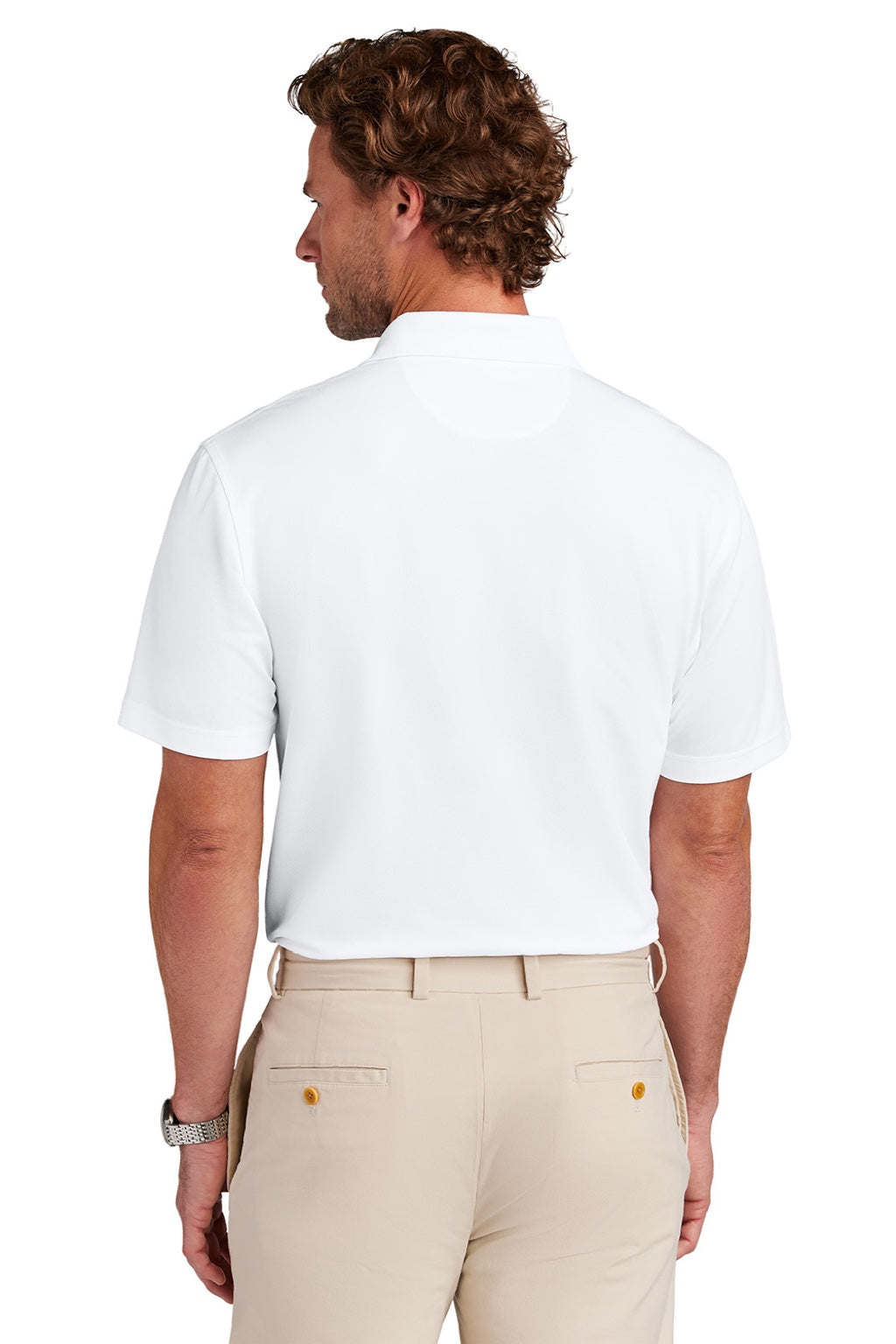 Brooks Brothers BB18220 Mens Moisture Wicking Performance Mesh Pique Short Sleeve Polo Shirt White Model Back