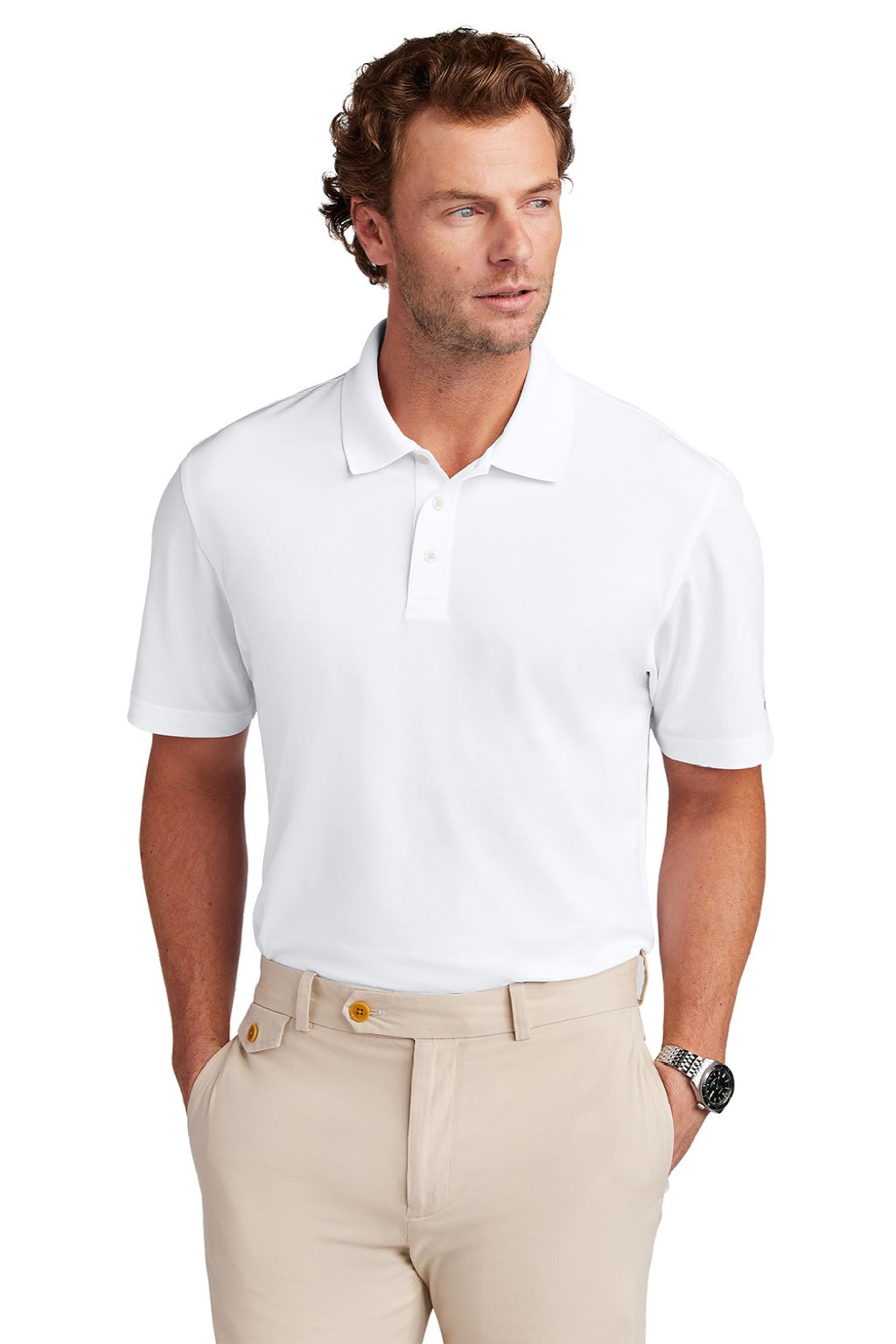 Brooks Brothers BB18220 Mens Moisture Wicking Performance Mesh Pique Short Sleeve Polo Shirt White Model Front