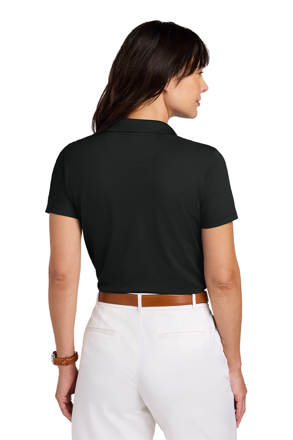 Brooks Brothers BB18221 Womens Moisture Wicking Pique Mesh Short Sleeve Polo Shirt Deep Black Model Back