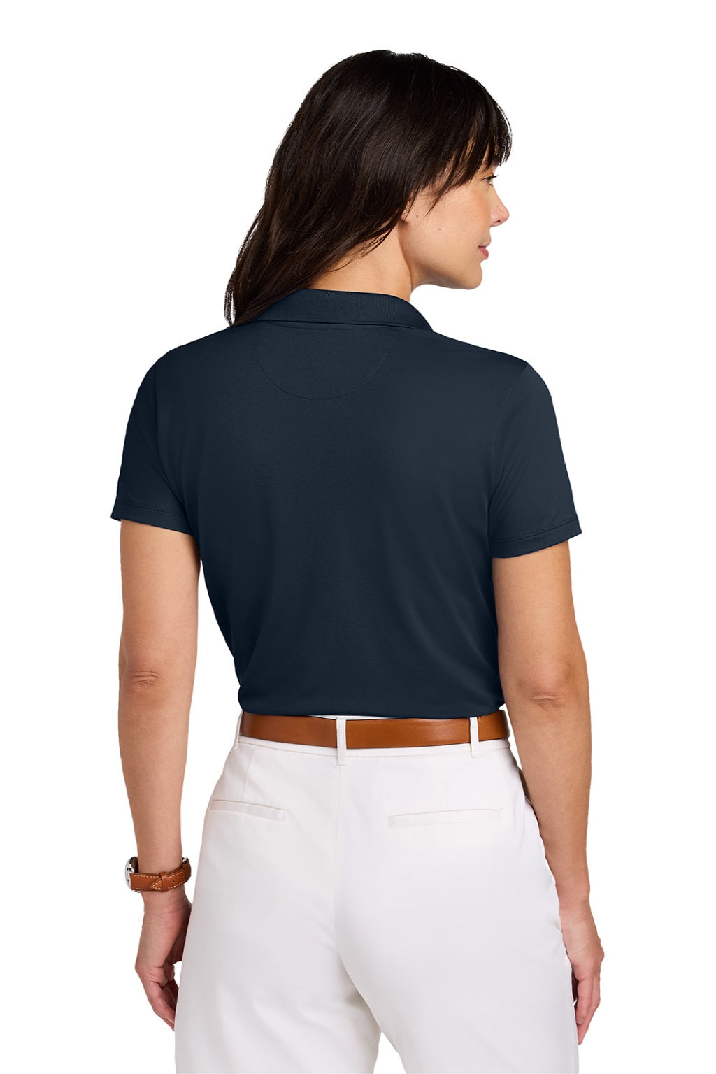 Brooks Brothers BB18221 Womens Moisture Wicking Pique Mesh Short Sleeve Polo Shirt Navy Blue Blazer Model Back