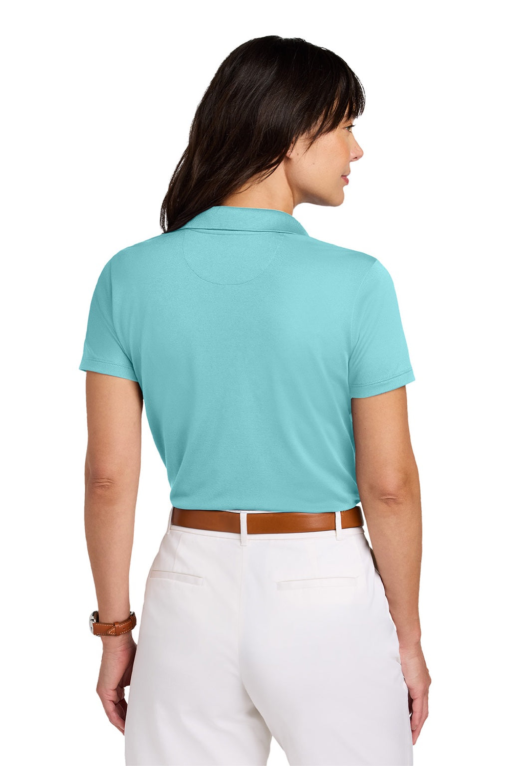 Brooks Brothers BB18221 Womens Moisture Wicking Pique Mesh Short Sleeve Polo Shirt Soft Mint Blue Model Back