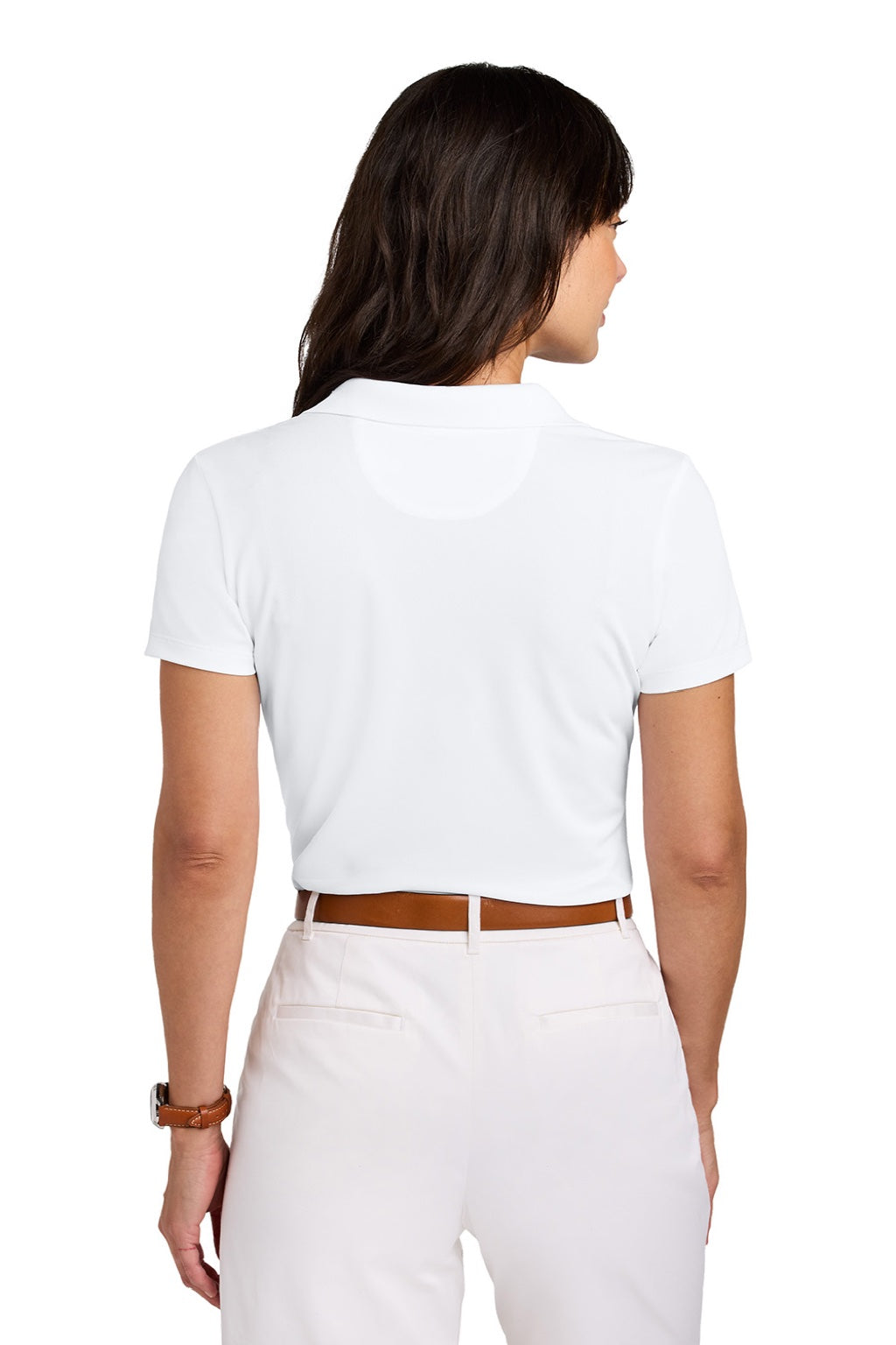Brooks Brothers BB18221 Womens Moisture Wicking Pique Mesh Short Sleeve Polo Shirt White Model Back
