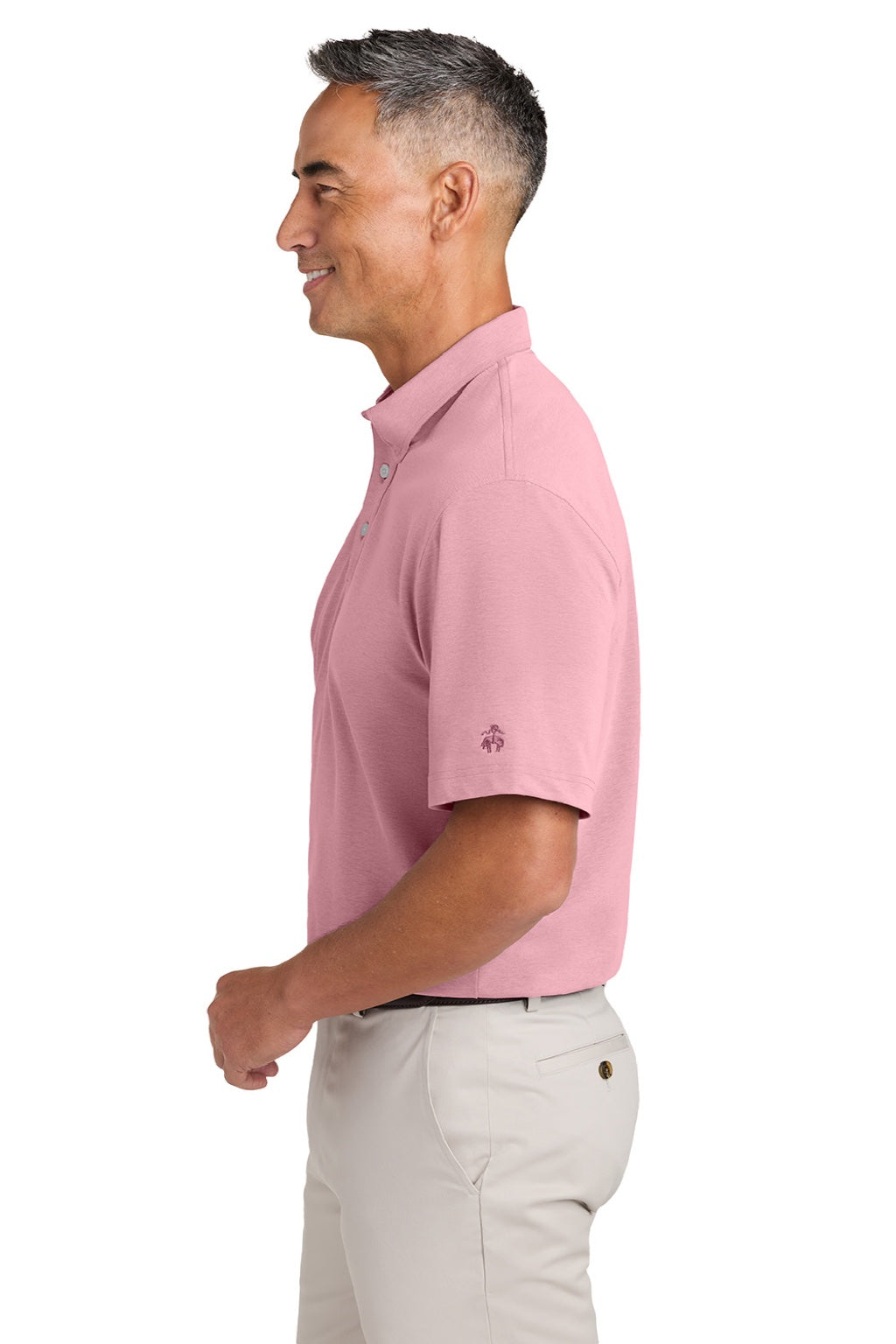 Brooks Brothers BB18222 Mens Pinpoint Pique Short Sleeve Polo Shirt Crimson Red Model Side