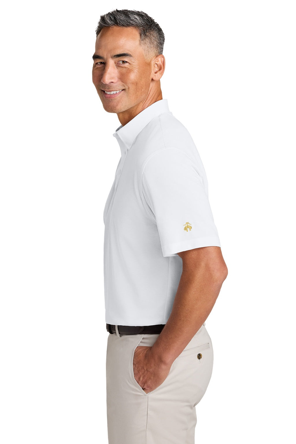 Brooks Brothers BB18222 Mens Pinpoint Pique Short Sleeve Polo Shirt White Model Side