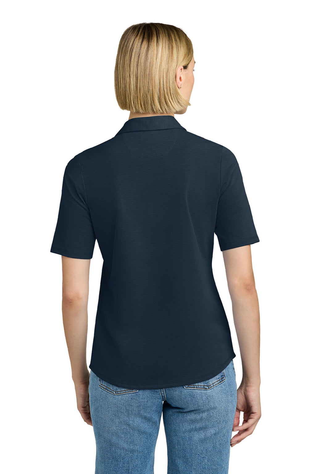 Brooks Brothers BB18223 Womens Pinpoint Pique Short Sleeve Polo Shirt Navy Blazer Blue Model Back