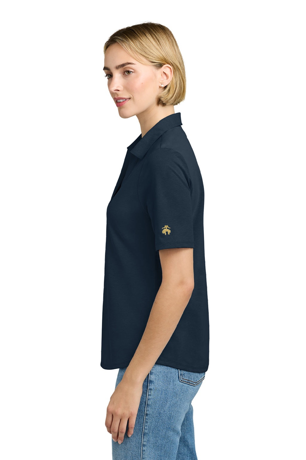 Brooks Brothers BB18223 Womens Pinpoint Pique Short Sleeve Polo Shirt Navy Blazer Blue Model Side