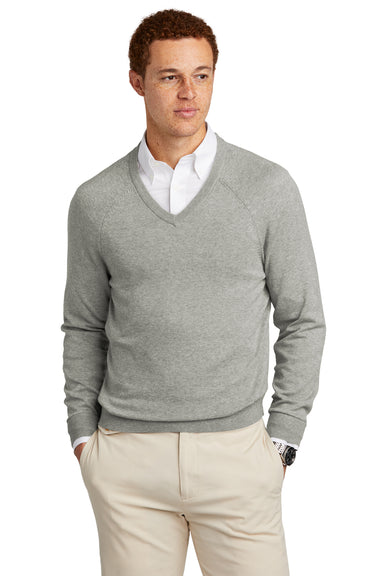 Brooks Brothers Mens Long Sleeve V-Neck Sweater Heather Light Shadow Grey Model Front