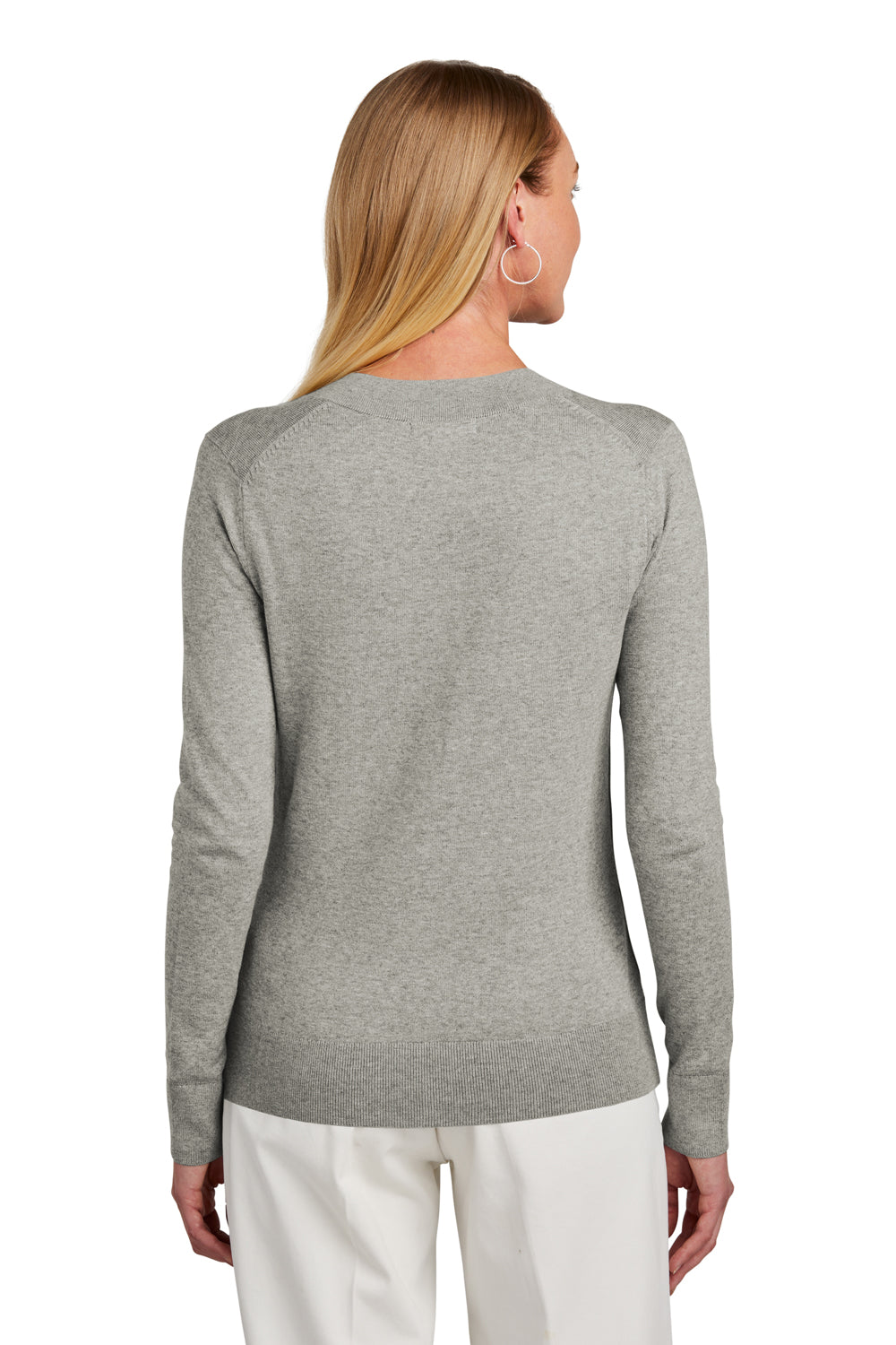 Brooks Brothers Womens Long Sleeve V-Neck Sweater Heather Light Shadow Grey Model Back