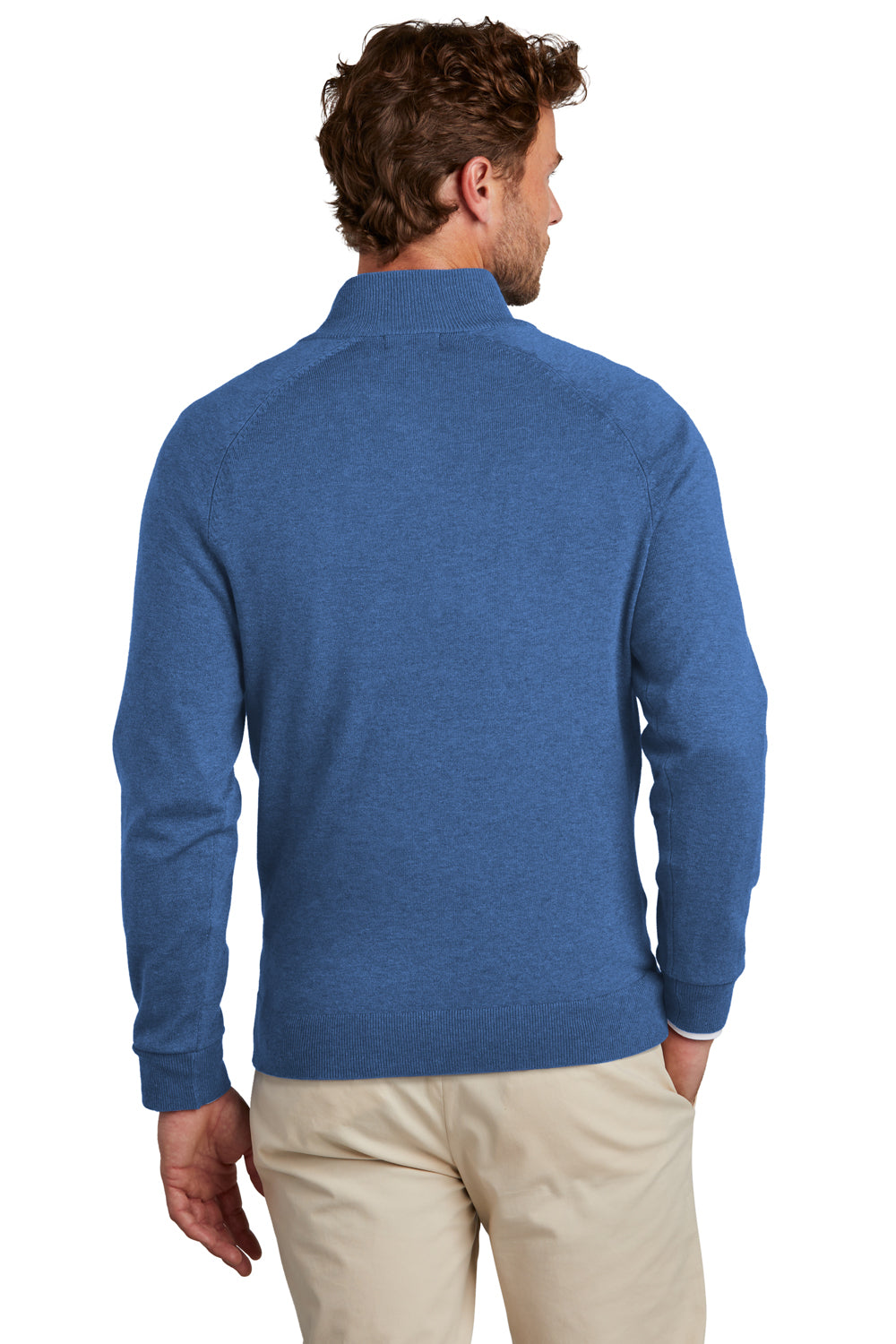 Brooks Brothers Mens Long Sleeve 1/4 Zip Sweater Heather Charter Blue Model Back