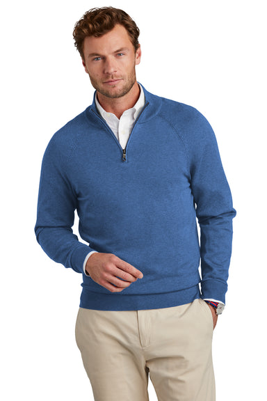 Brooks Brothers Mens Long Sleeve 1/4 Zip Sweater Heather Charter Blue Model Front