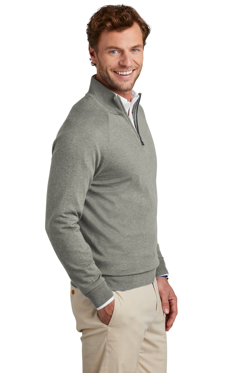 Brooks Brothers Mens Long Sleeve 1/4 Zip Sweater Heather Light Shadow Grey Model Side