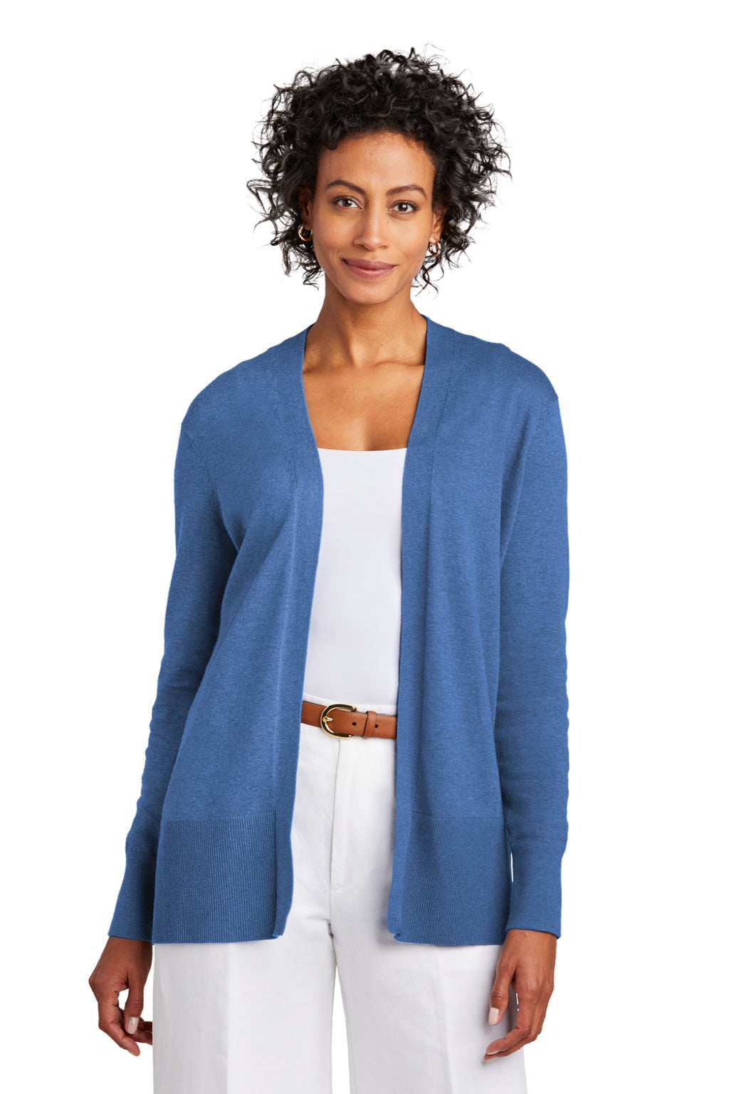 Brooks Brothers Womens Long Sleeve Cardigan Sweater Heather Charter Blue Model Front