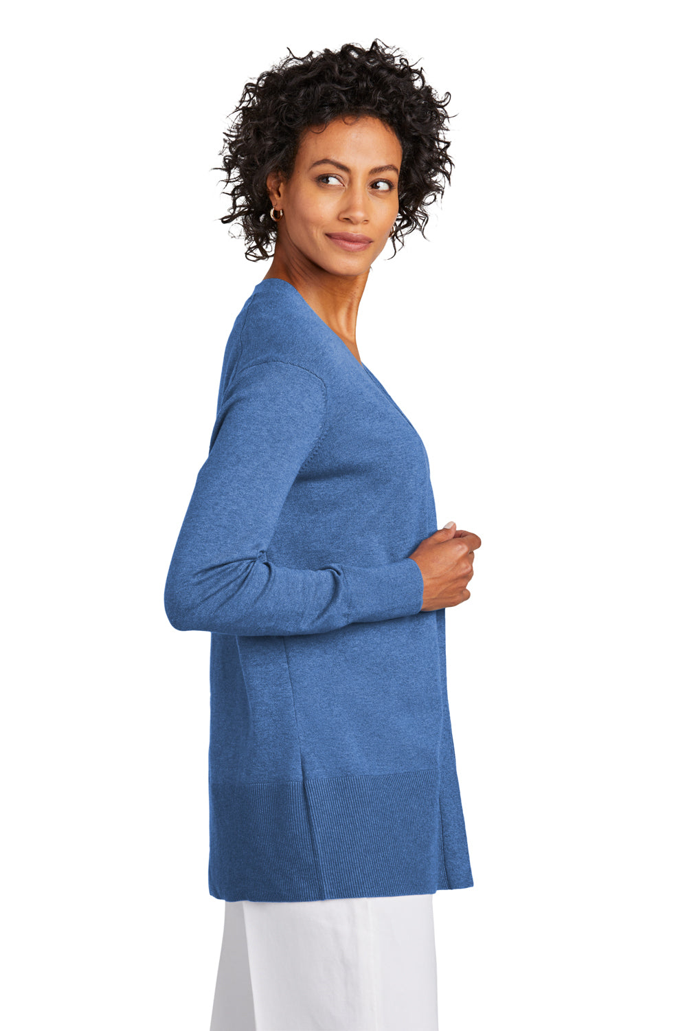 Brooks Brothers Womens Long Sleeeve Cardigan Sweater Heather Charter Blue Model Side