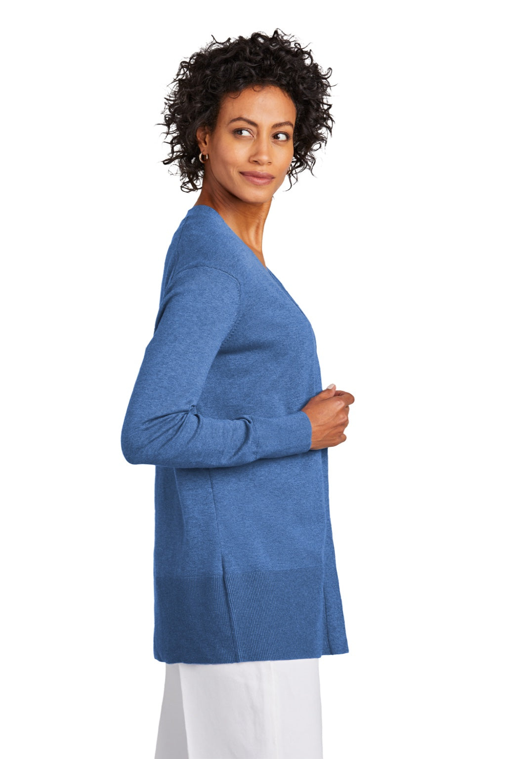 Brooks Brothers Womens Long Sleeve Cardigan Sweater Heather Charter Blue Model Side