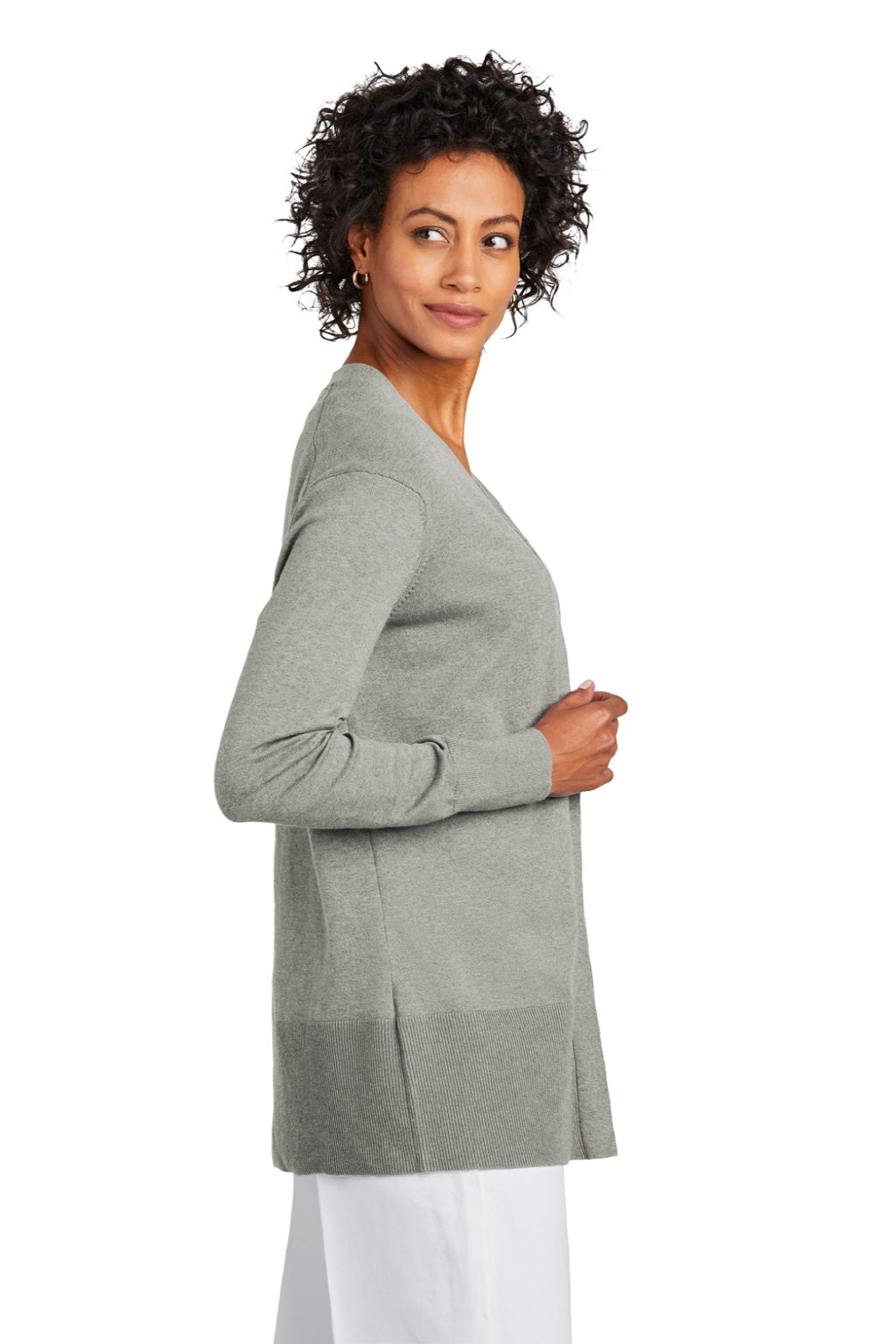 Brooks Brothers Womens Long Sleeve Cardigan Sweater Heather Light Shadow Grey Model Side