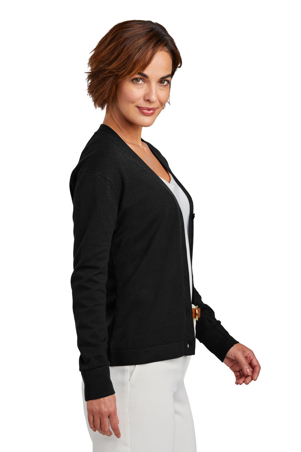 Brooks Brothers Womens Long Sleeeve Cardigan Sweater Deep Black Model Side
