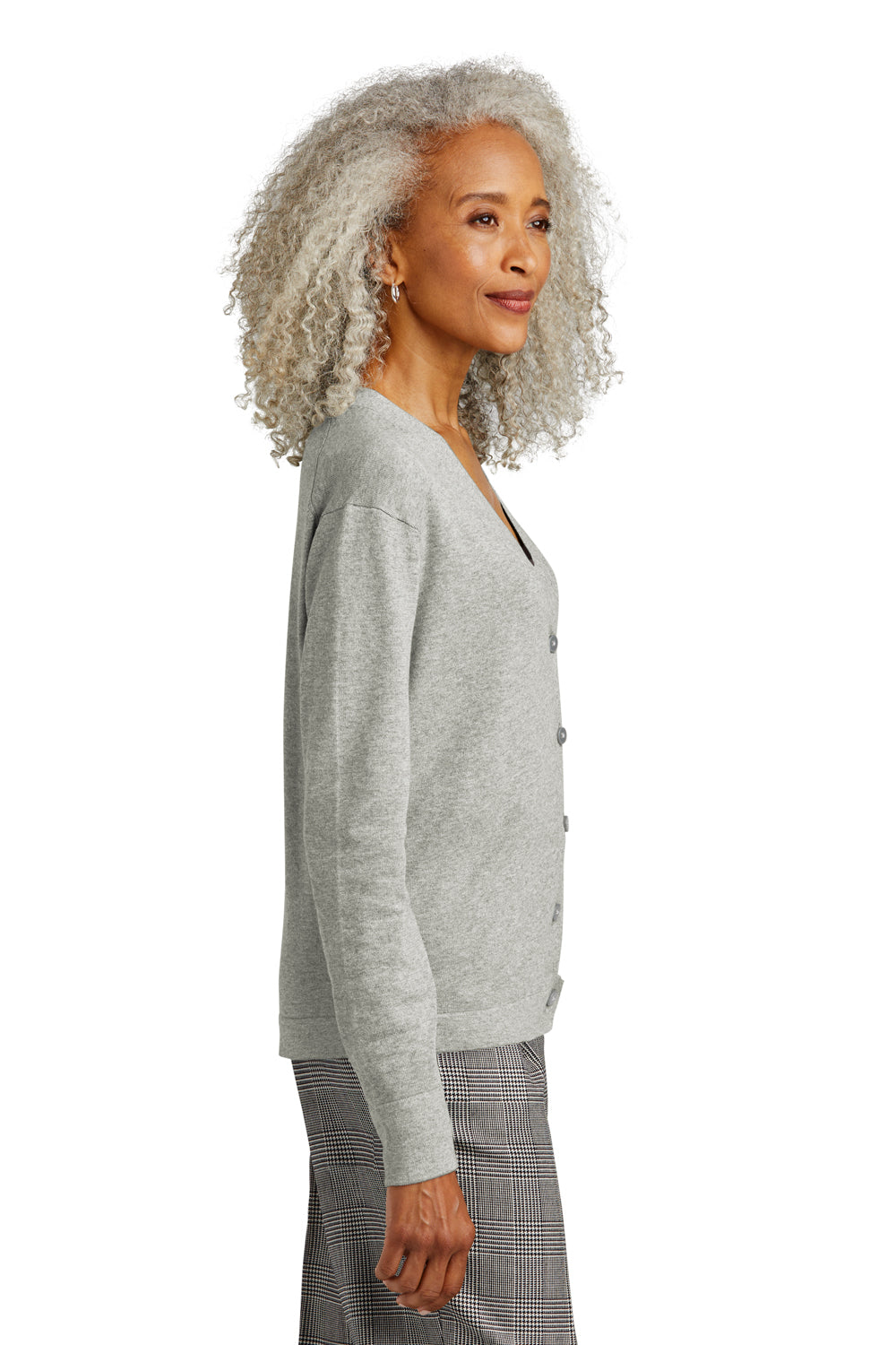 Brooks Brothers Womens Long Sleeeve Cardigan Sweater Heather Light Shadow Grey Model Side